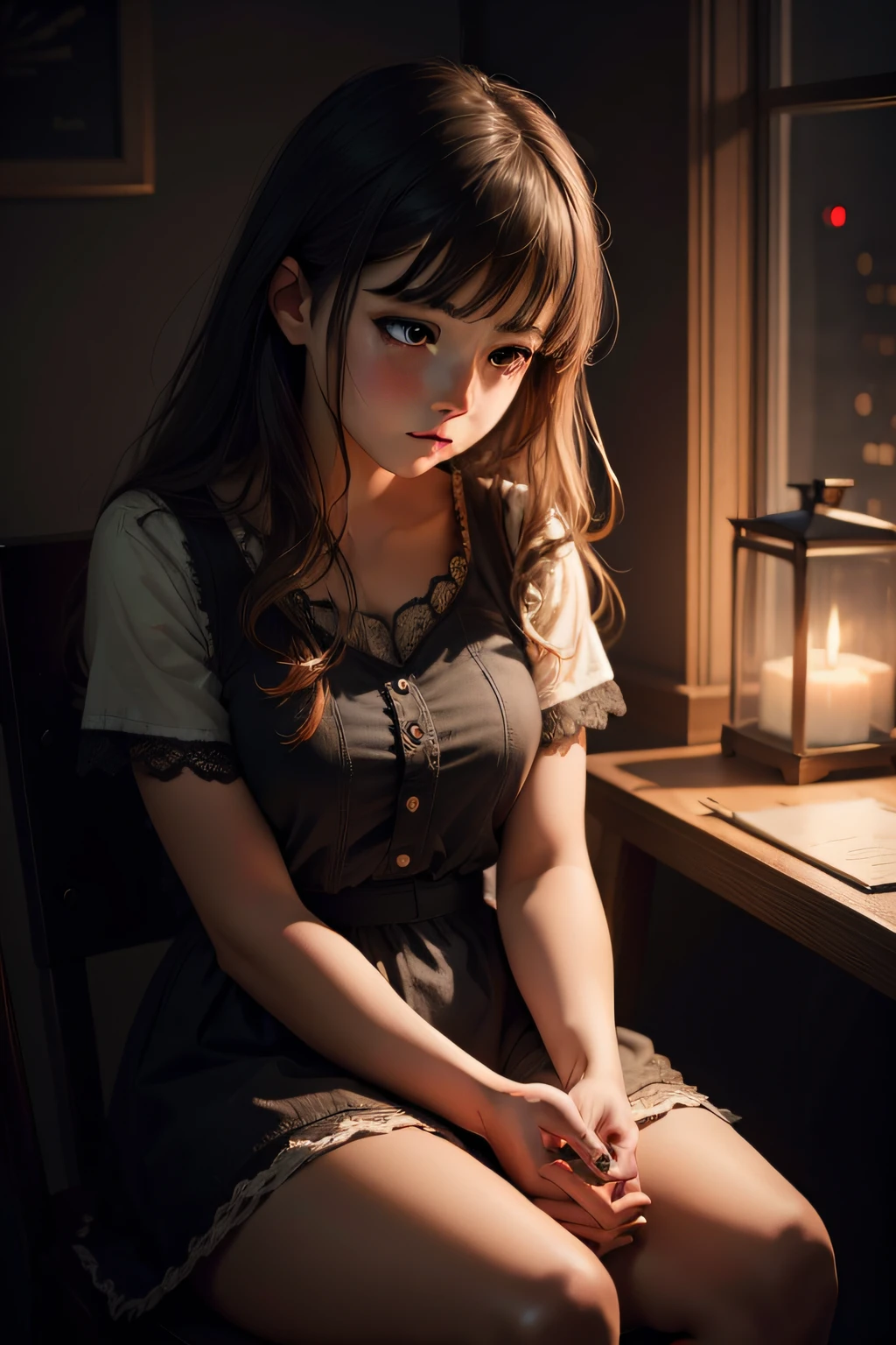 Draw a girl sitting alone in the dark. High quality high detailed.