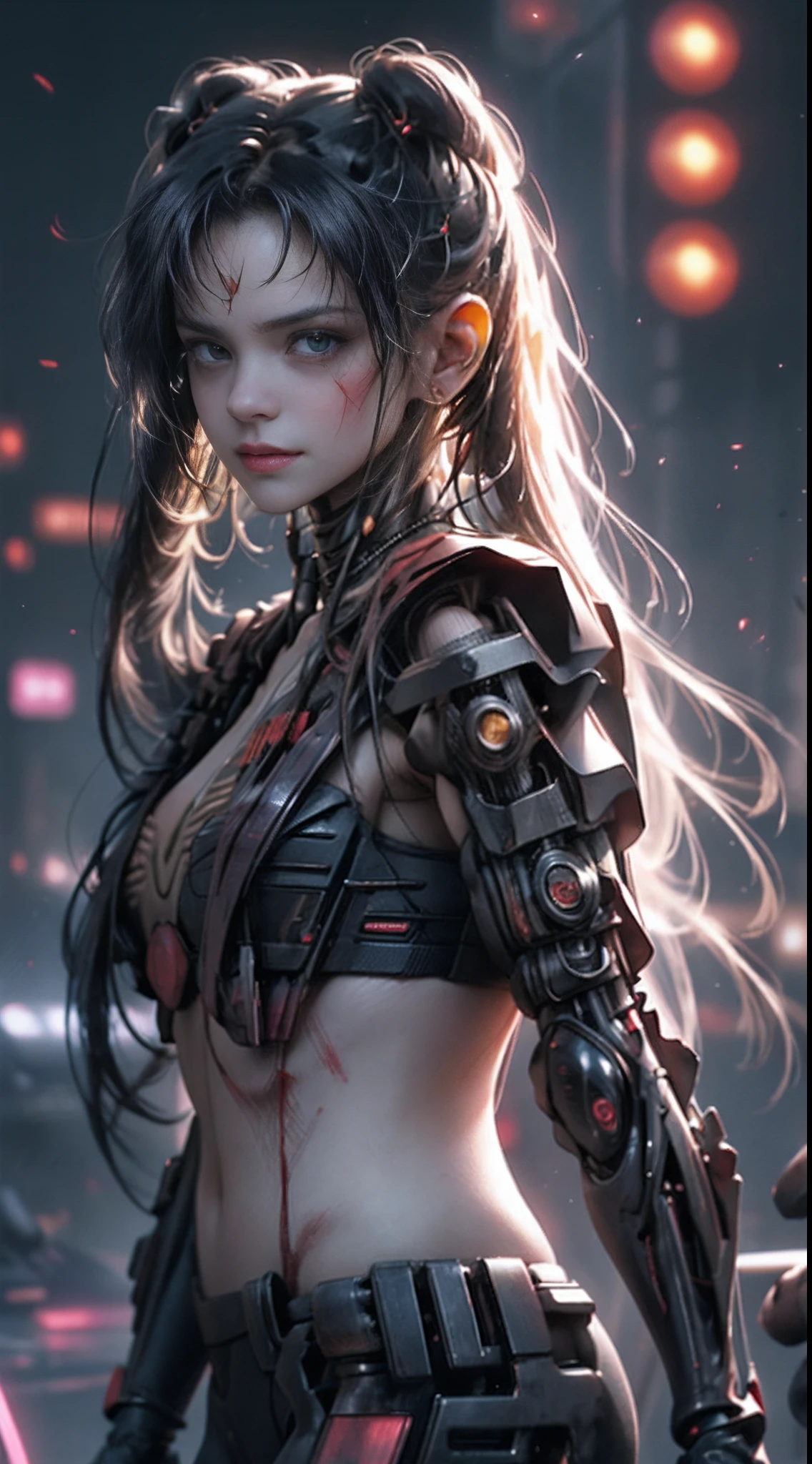 motor irreal:1.4,UHD,La mejor calidad:1.4, fotorrealista:1.4, textura de la piel:1.4, obra maestra:1.8, 1 chica cyberpunk, cabello negro, piel brillante, 1 orange mechanical girl, (Super realistic details)), cuerpo completo, global ilumination, contraste, Umbroso, Renderizado de octanaje, ultrasharp, escote expuesto, Piel cruda,minifalda orange, Metal,Intricate yellow decoration details, Japan details, Alto intrincado detallado, luz realista, Tendencias en CG, in front of camera, neon details, mechanical limbs, Blood Vessels Attached to Tubes, Mechanical vertebrae attached to the back, mechanical cervical attachment to the neck, alambres y cables que se conectan a la cabeza, Gundam, small LED lamps.、cabello plateado、Pupilas perfectamente redondas、Iris tremendoディテール, sonrisa ligera,(cyberpunk:1.3),(cabello:1.4),