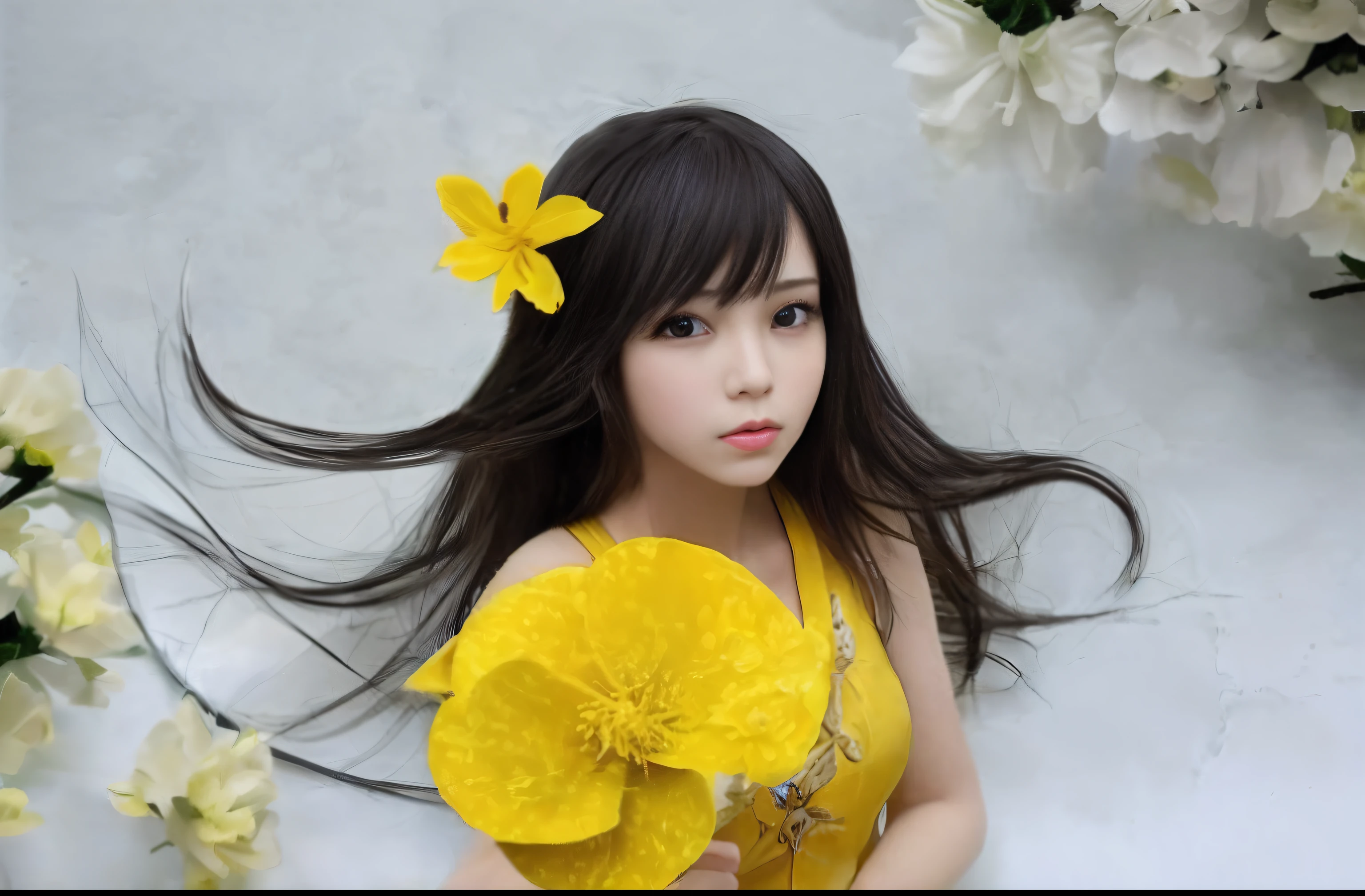 Transform into an anime beauty dressed in yellow flowers,Holding a yellow flower in his hand