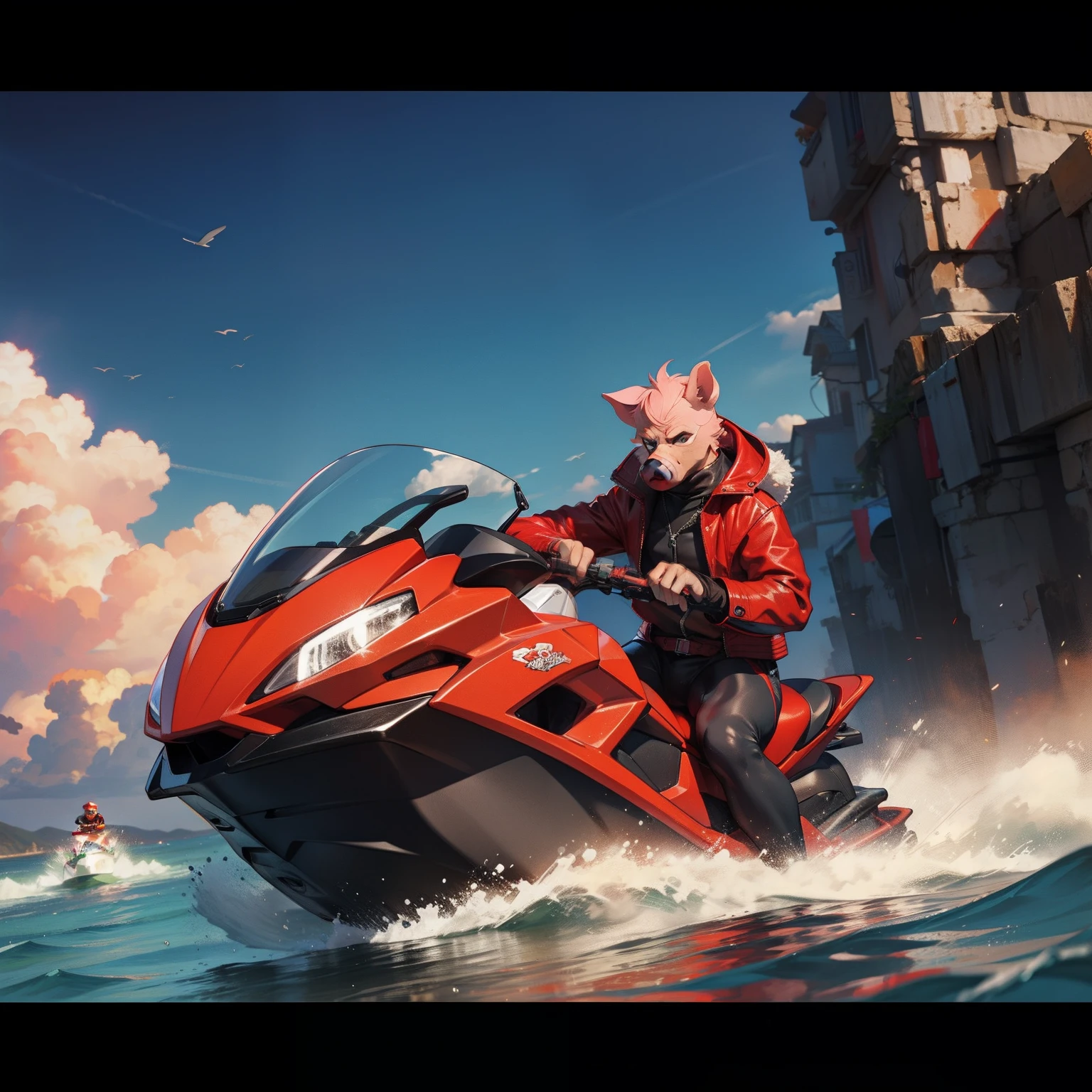 Pig-headed man,jet ski,Red leather coat