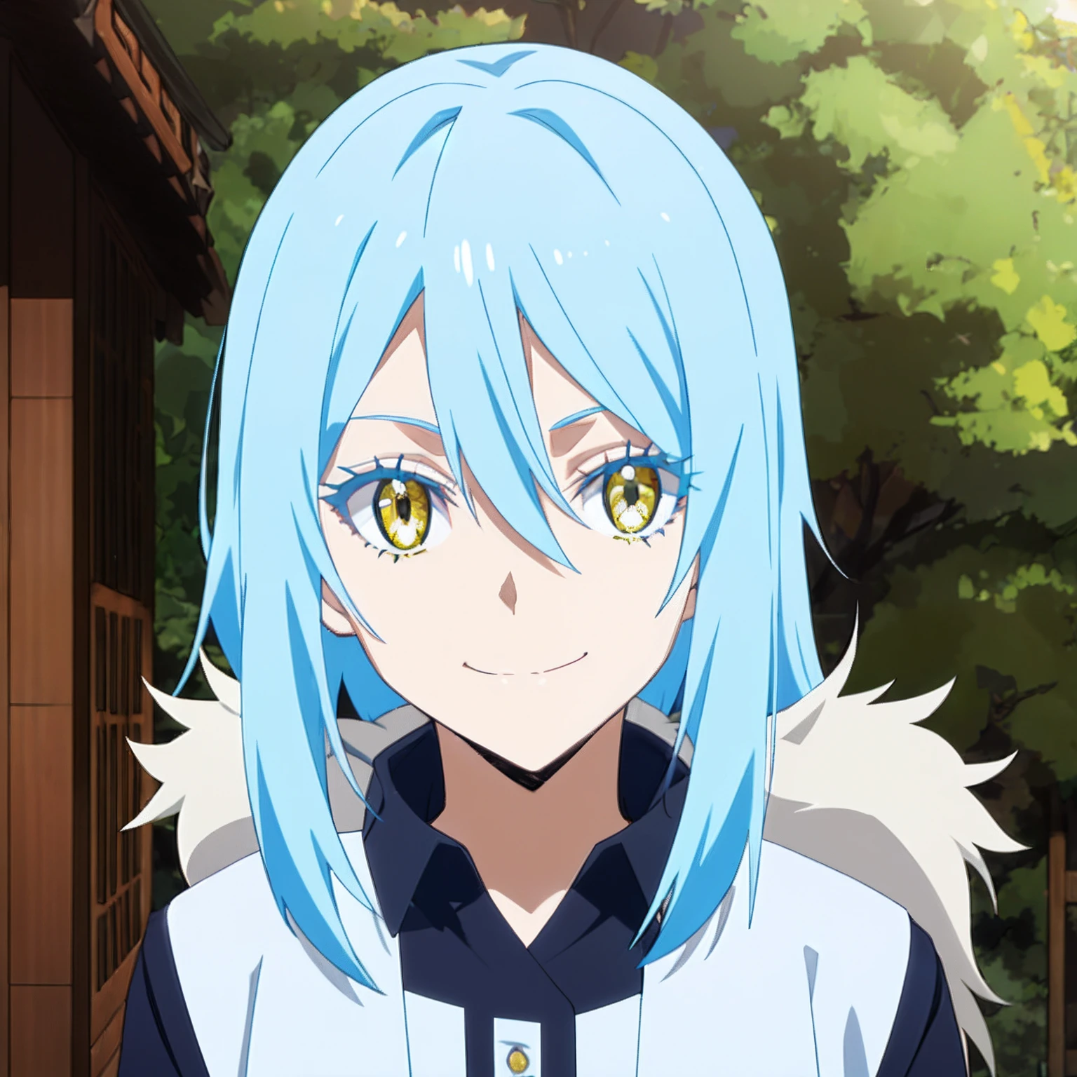 tensura, shirt, yellow eyes, blue hair, smile, long hair, 1other, hair between eyes, looking at viewer, bangs, solo, fur trim, closed mouth, androgynous, outdoors, colored eyelashes, shiny hair, ((masterpiece))