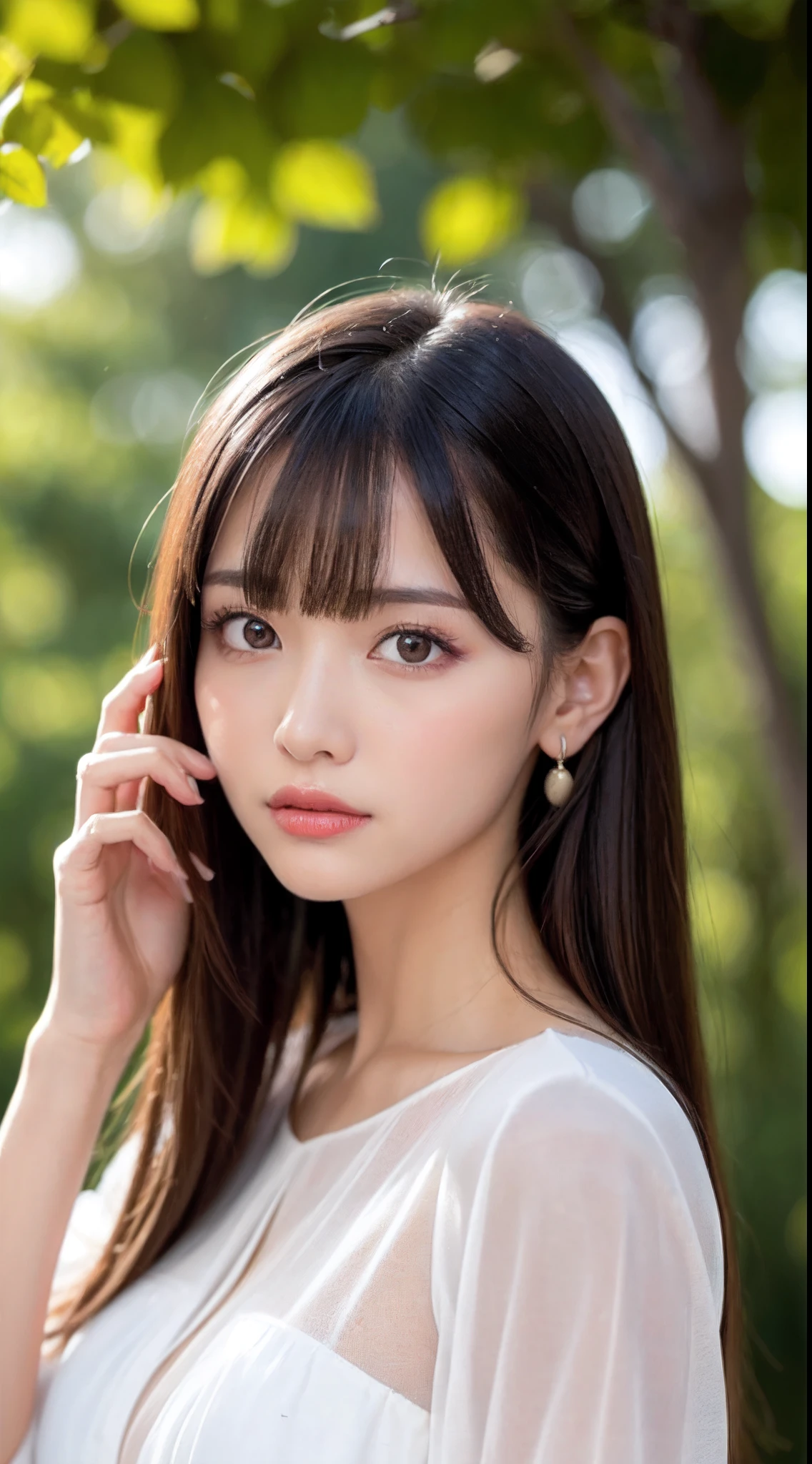 1womanl, up of face, mideum breasts, light brown hair, Blunt bangs, hair behind ear, hair over shoulder, Long hair, slender body shape, Ultra Fine Face, Thin face, Delicate lips, Beautiful eyes, thin blush, eyes are light brown, perfect glossy skin, flawless skin, Glistening sweat,View here, Ultra-thin hands, Ultra-fine fingers, best ratio four finger and one thumb, (realisitic:1.3), Finger Extensions, See-through white blouse. Broad-leaved forest, One-person viewpoint, Fuji Film, F/1.2, 8K, masutepiece, nffsw, Super Detail, High quality, Best Quality, hight resolution,