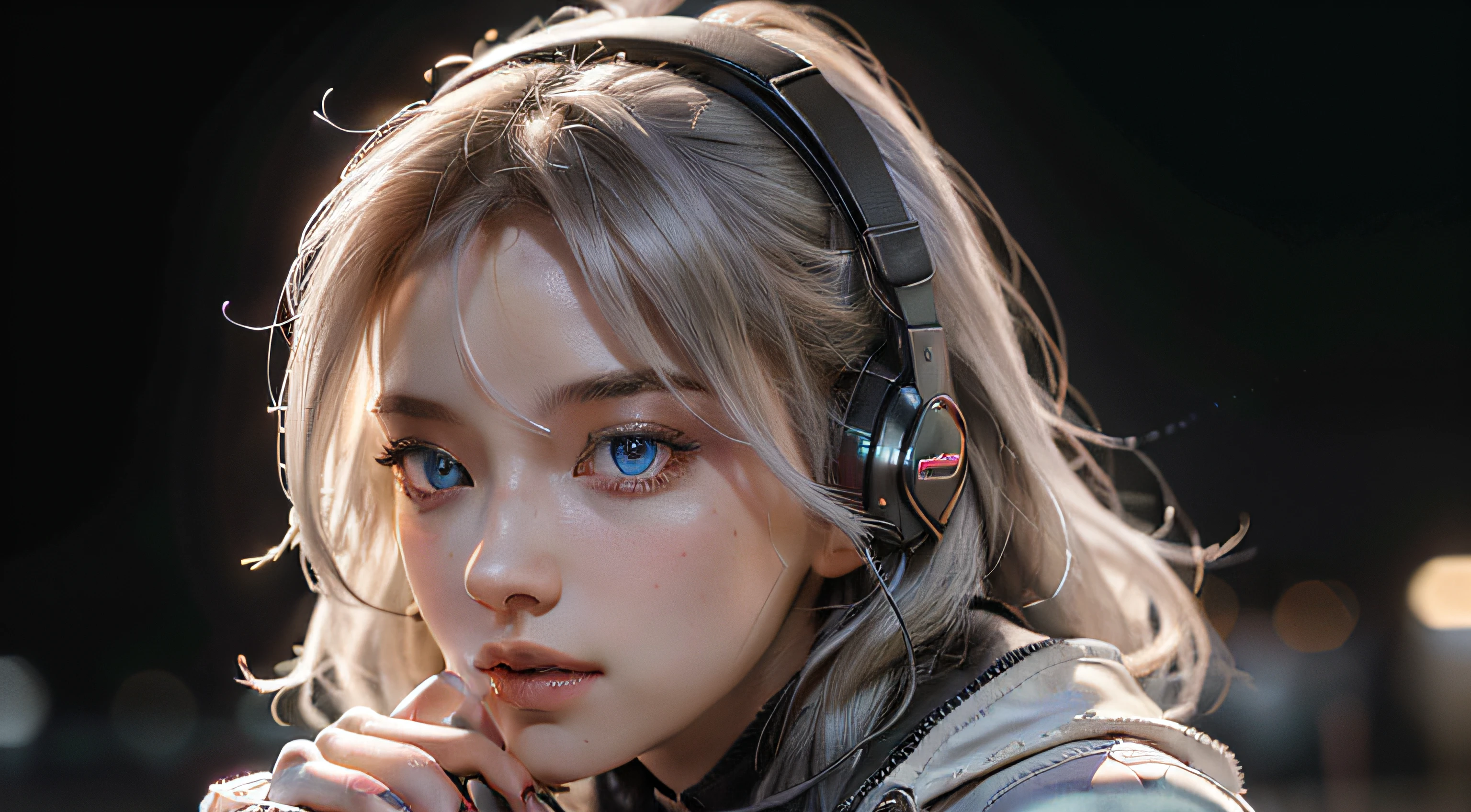 (Masterpiece, fine detailed beautiful eyes: 1.2), (On the moon, space, looking back into earth), White hair, Black tank top, voluminetric lighting, White jacket, glowing headphones, Cyberpunk, Futuristic, multi colored eyes, Detailed eyes, ultra - detailed,Light smile, Highly detailed, Beautiful, small detailed, Ultra detailed, Best quality, Intricate, hyper photorealism, Sharp, Digital illustration, Detailed, Realism, Intricate, 4K, 8K, trending on artstationh, Good anatomy, Beautiful lighting, Award-winning, Photorealistic, Realistic shadows, Realistic lighting, Beautiful lighting, Ray traching, Intricate details, Moody, Rule of thirds, Masterpiece, (illustration:1.1), A high resolution, (Extremely detailed CG, Unity, 8K wallpaper:1.1), Beautiful face, Highly detailed face, Ultra photo realsisim, Masterpiece, Bokeh, Extremely detailed, Intricate, zoomout, Colorful, Vibrant colors, Red nail polish, Side view,