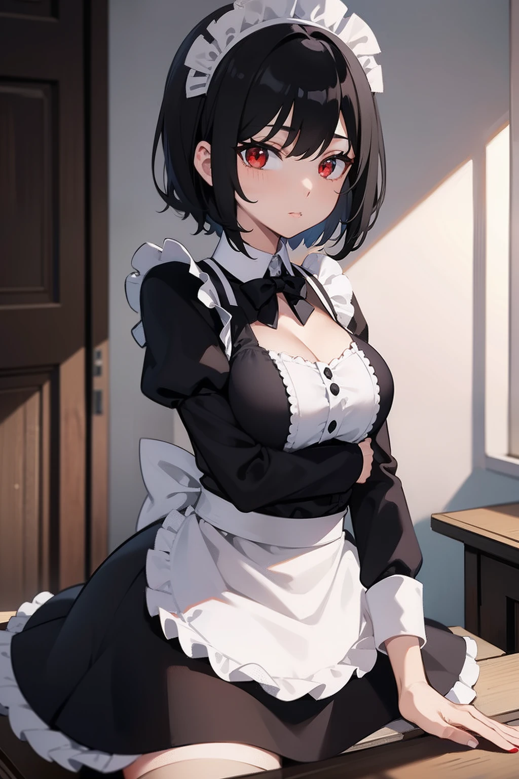 maid, beautiful woman, short black hair, red eyes