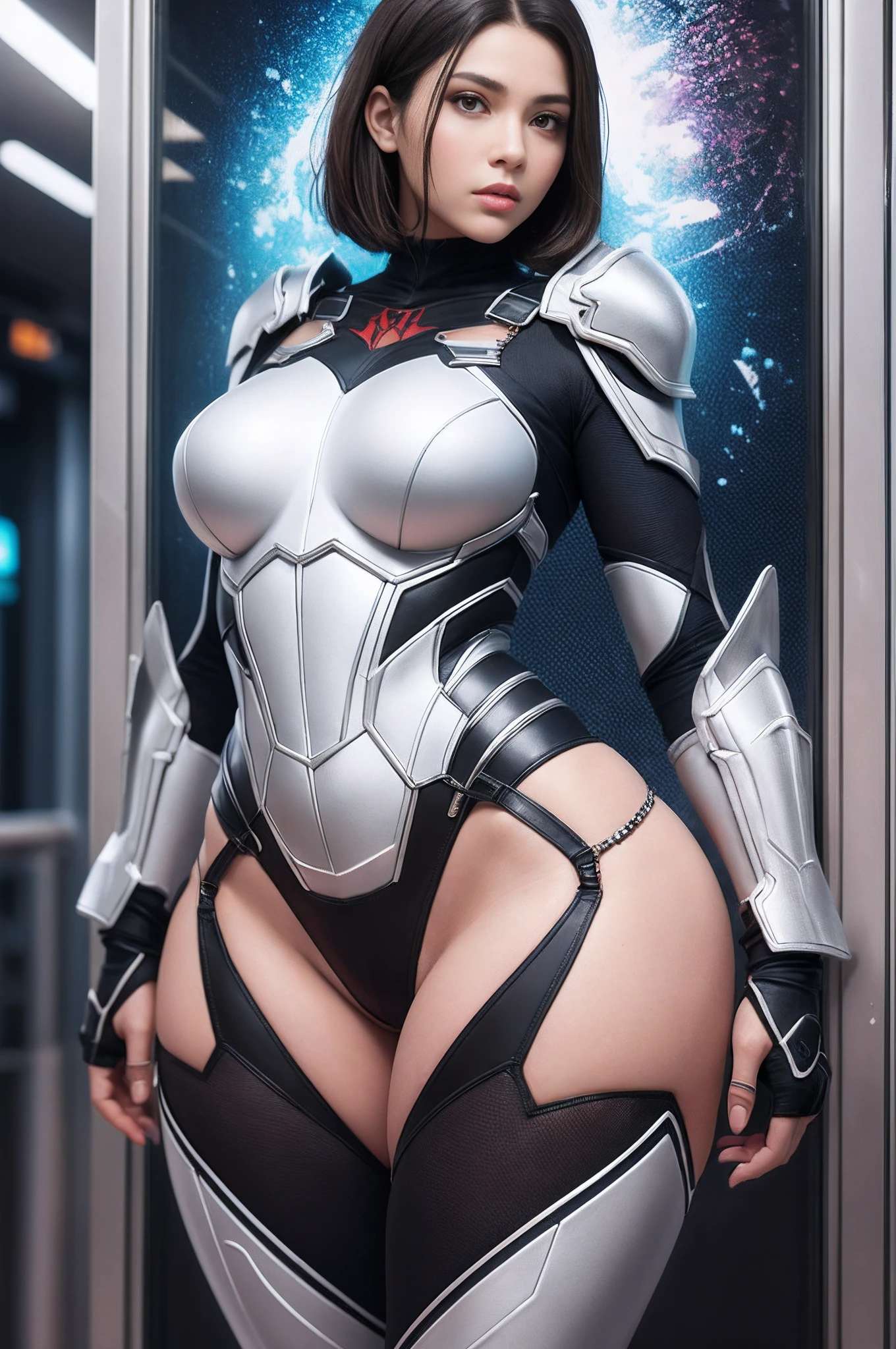 paris metro, spiderwoman  , adult African Amazonian woman, short woman, beautiful,  brunette, short hair, straight hair, medium breasts, large thighs, thick big ass, serious stunning face, with skintight white titanium armor, hdr, uhd, 64k, highly detailed, professional photography by sergio nogueira, trending on artstation, unreal engine, vivid colors, high resolution scanning,   8k, ultra --auto --s2
