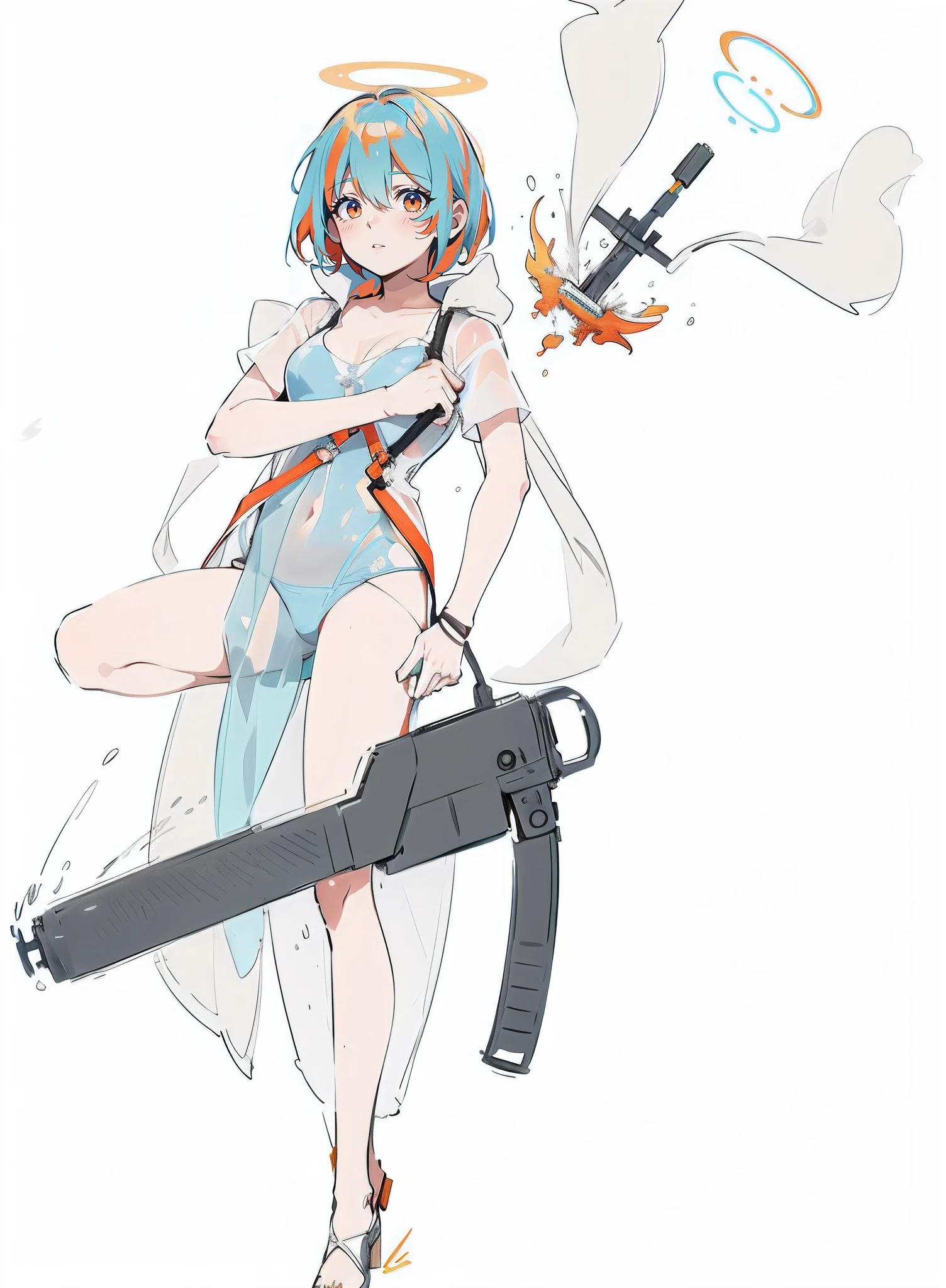 Orange blue hair white transparent raincoat angel with machine gun,Let go of God's punishment