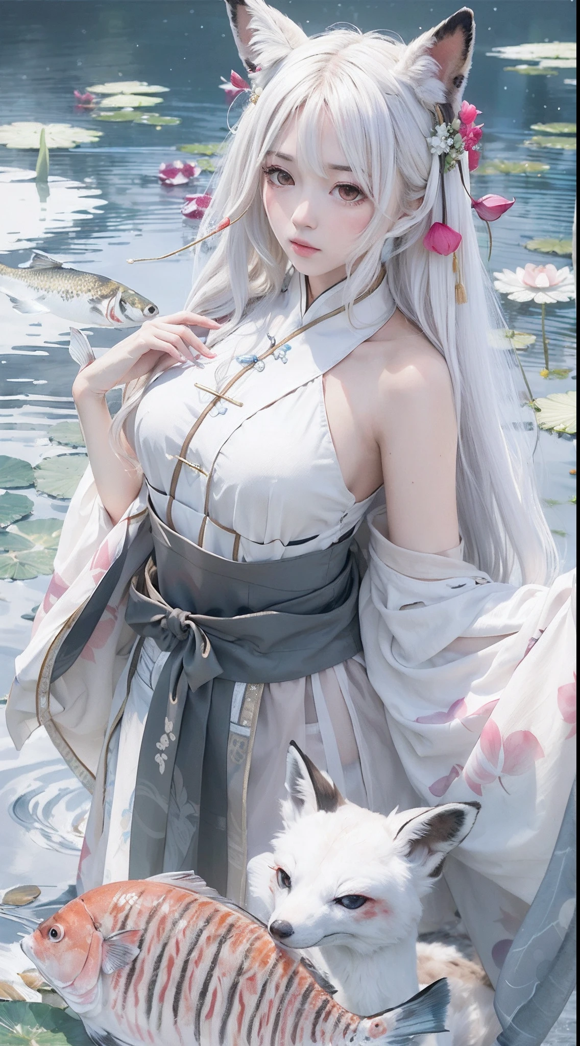 ((4k,masterpiece,best quality)), shuimobysim, traditional chinese ink painting, lotus, hanfu, maxiskit, dress conservatively
1 girl, solo, white hair, long hair, fox ears, white, bikini, fish, many fish near girl, look at viewer, tease