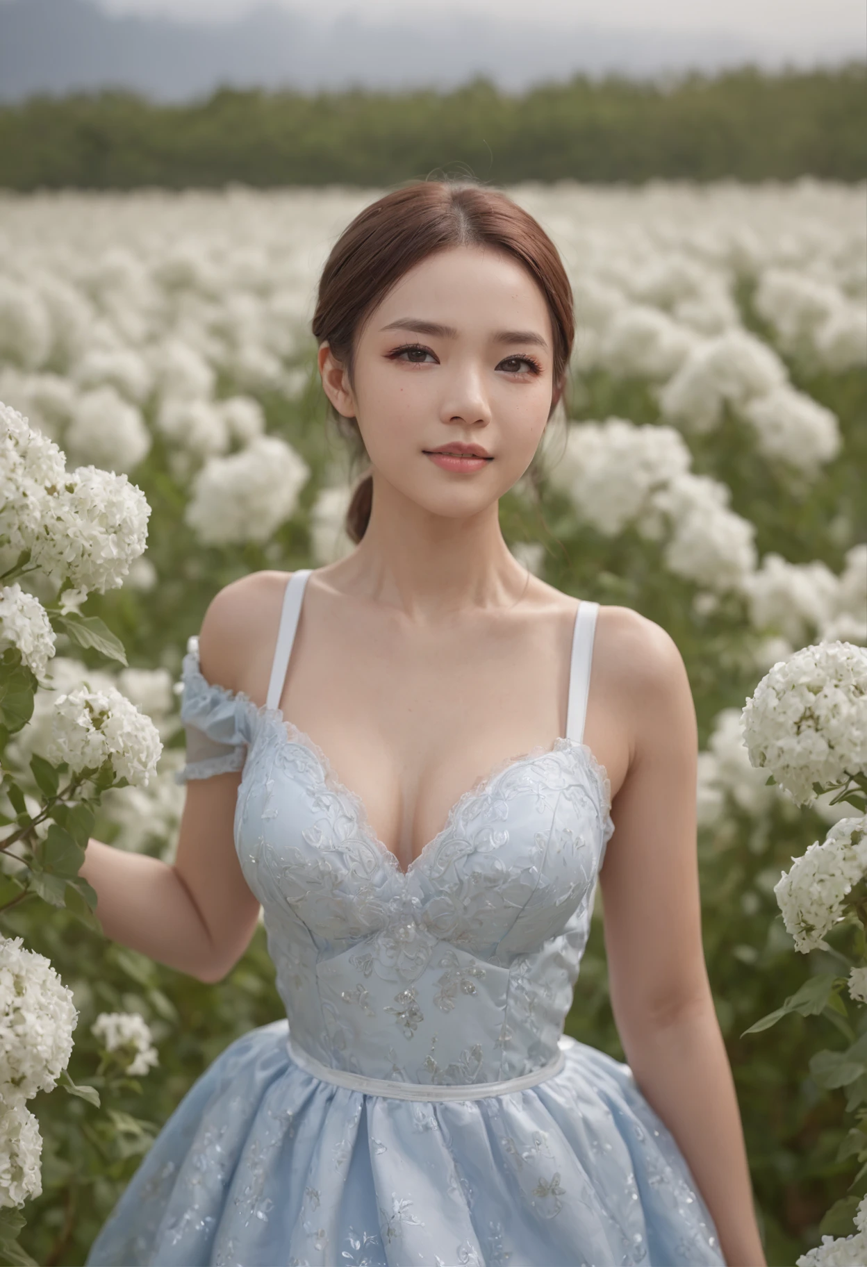 cleavage，Best quality, masterpiece, ultra high res, (photorealistic:1.4), raw photo, 1girl, white dress, off shoulder, blue flower field, glowing skin, light smile