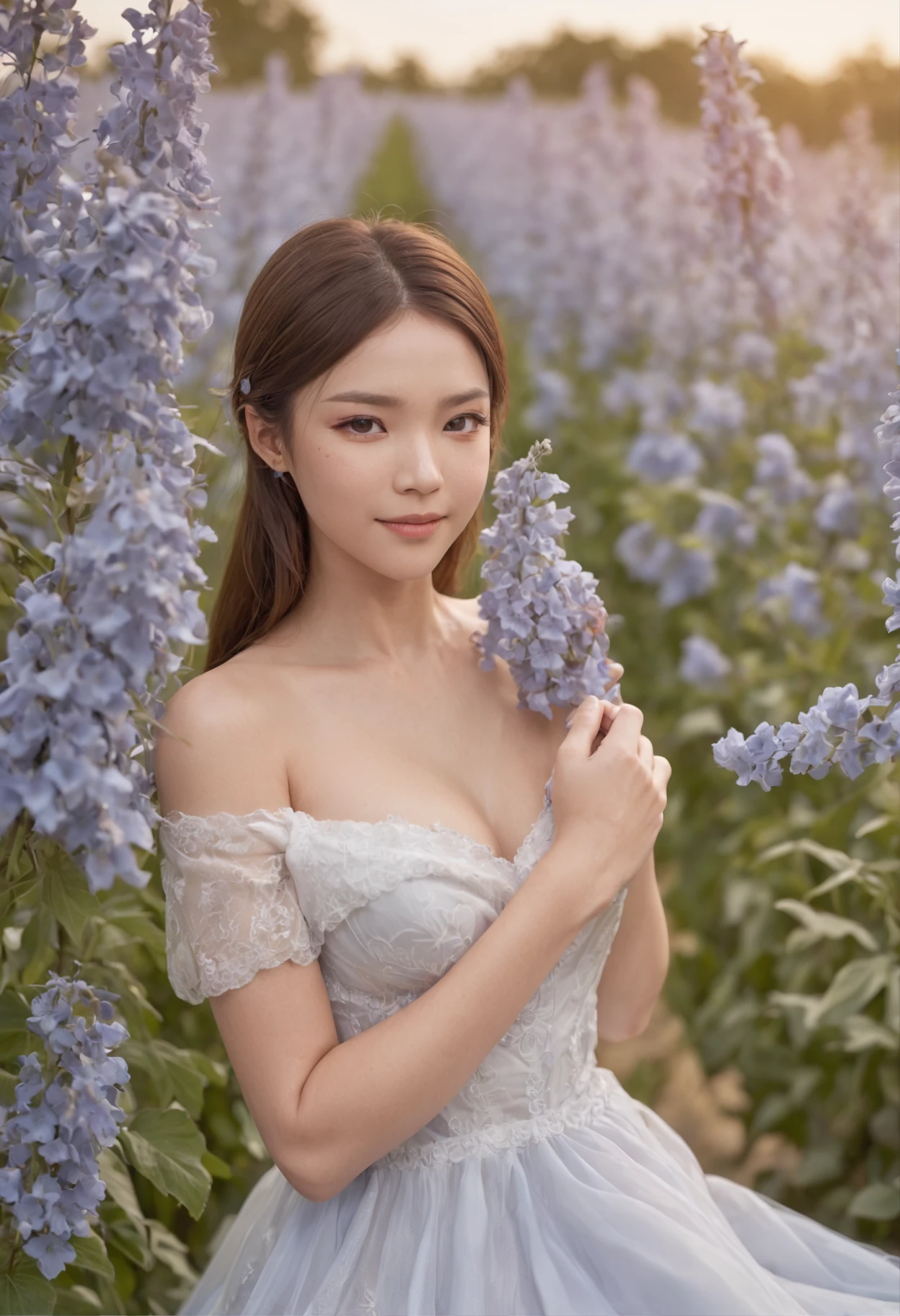cleavage,Best quality, masterpiece, ultra high res, (photorealistic:1.4), raw photo, 1girl, white dress, off shoulder, blue flower field, glowing skin, light smile