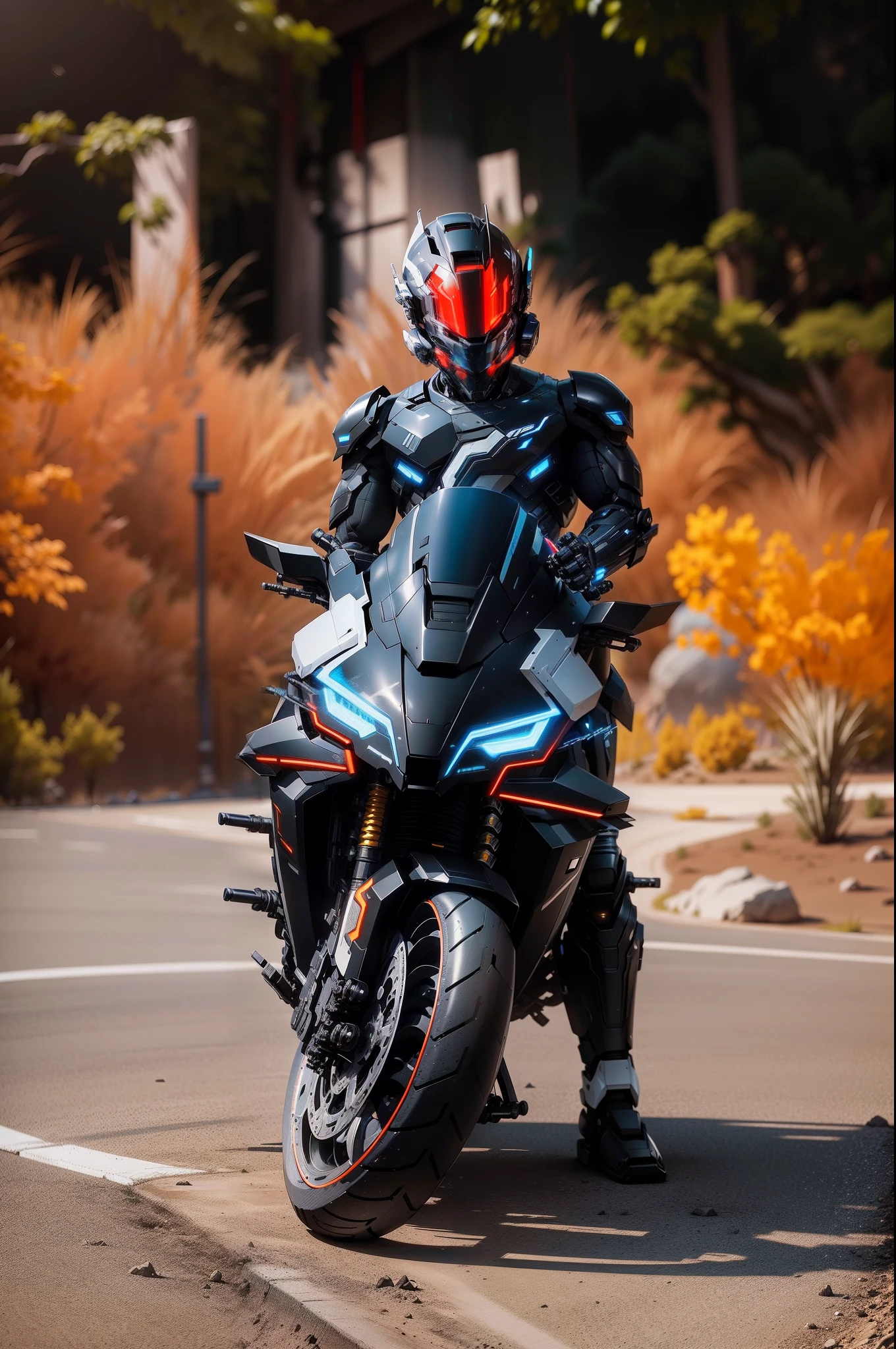 Handsome full body black mecha white short hair cyber handsome warrior, black cyber mechanical motorcycle, high-tech black full surround helmet, white short hair, Nousr, biomechanics, MSHN robot man, high-tech helmet, surreal, steel, complex design, crazy details, fine details, extremely clear lines, cinematic lighting, photo realism, detailed masterpiece