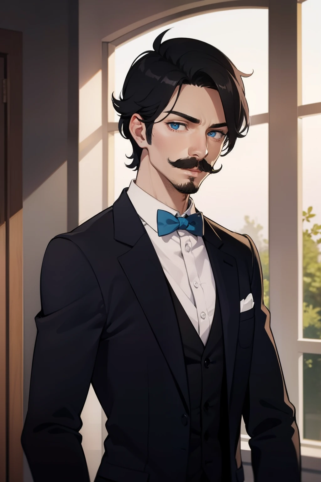 Butler, mustache, gentleman, bowtie, tall, black hair, blue eyes