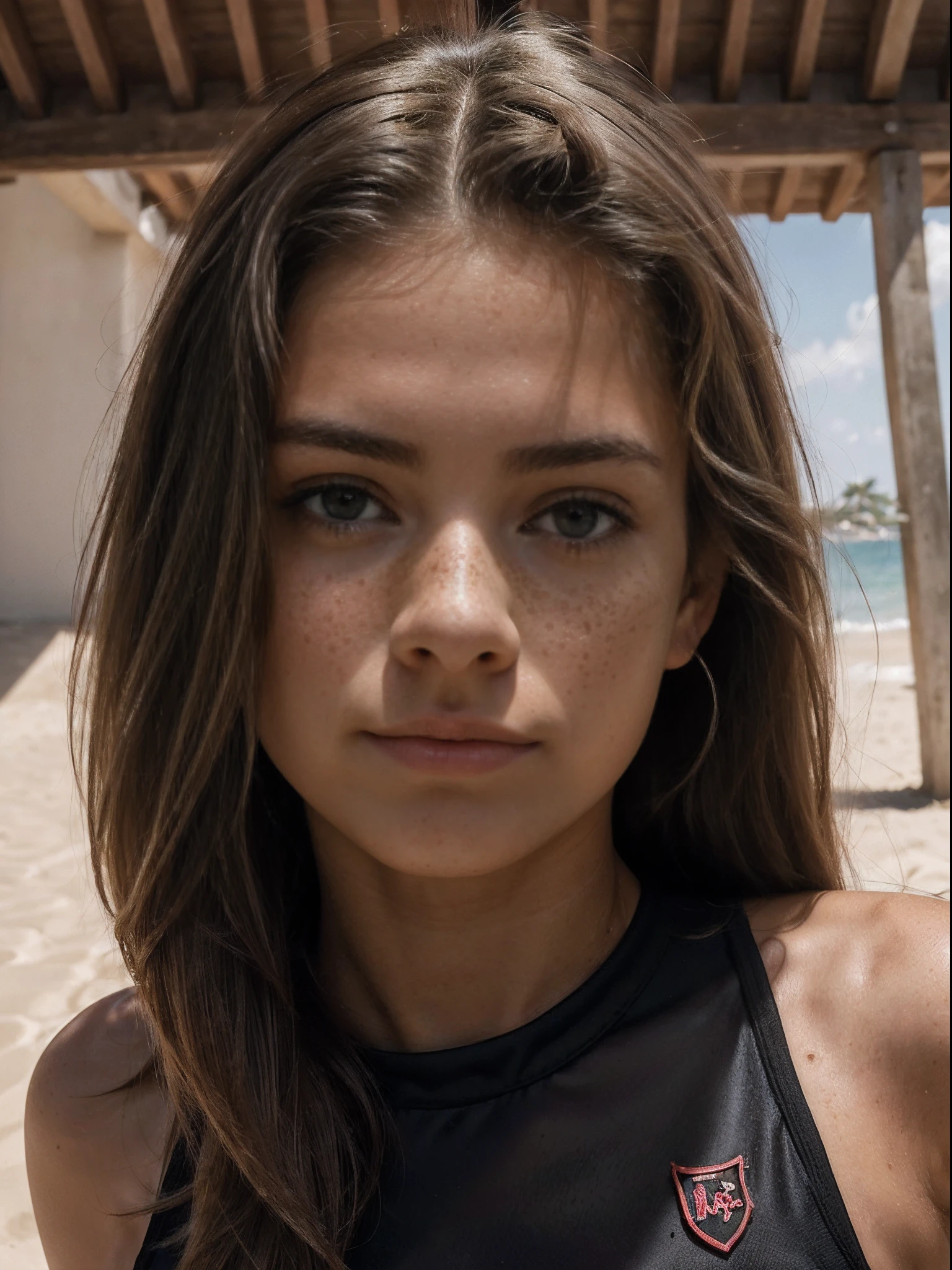 (((A beautiful 18-year-old blonde ager with lots of freckles, solitario))), Topless, pechos grandes, (((NSFW))), braless, pechos grandes perfectos, culo bien formado y levantado, manos perfectamente proporcionadas, impecable , ((((Medias negras de encaje con ligueros)))), (((con minifalda de lycra roja ajustada a la cadera))) , Luciendo su ropa interior roja transparente, Charol rojo tacones de aguja botines, (( (muy voluptuosa y chica tonificada))), Shadow-free lighting on a warm beach day, (((Mujer de cabello largo y liso rubio muy intenso))), hyperrealism photography, Pose sexy, Su mirada sensual desafiante y provocativa.