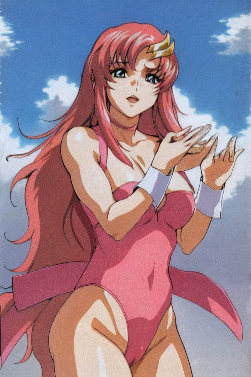 (masterpiece, 4K, Best Quality, Anime style: 1.9, bold drawing lines, High color saturation, Detailed face, tall, Adult Woman, lovely, (cloud background), Drawing lines, high resolution, Anime, lacus4), 1girl in, Solo, curvy figure, Long hair, 鎖骨, scapular, Wavy Hair, Detailed wide hair bangs, Hair Ornament, Detailed reddish-pink hair, cleavage, large hands, Big blue eyes, Smile, closed mouth, Very happy, closed fists, (laughing, open mouth), ((medium breasts)), (strapless wrestling leotard, bare thighs, strong arms, biceps, rib lines, lip stick, (lean forward), legs