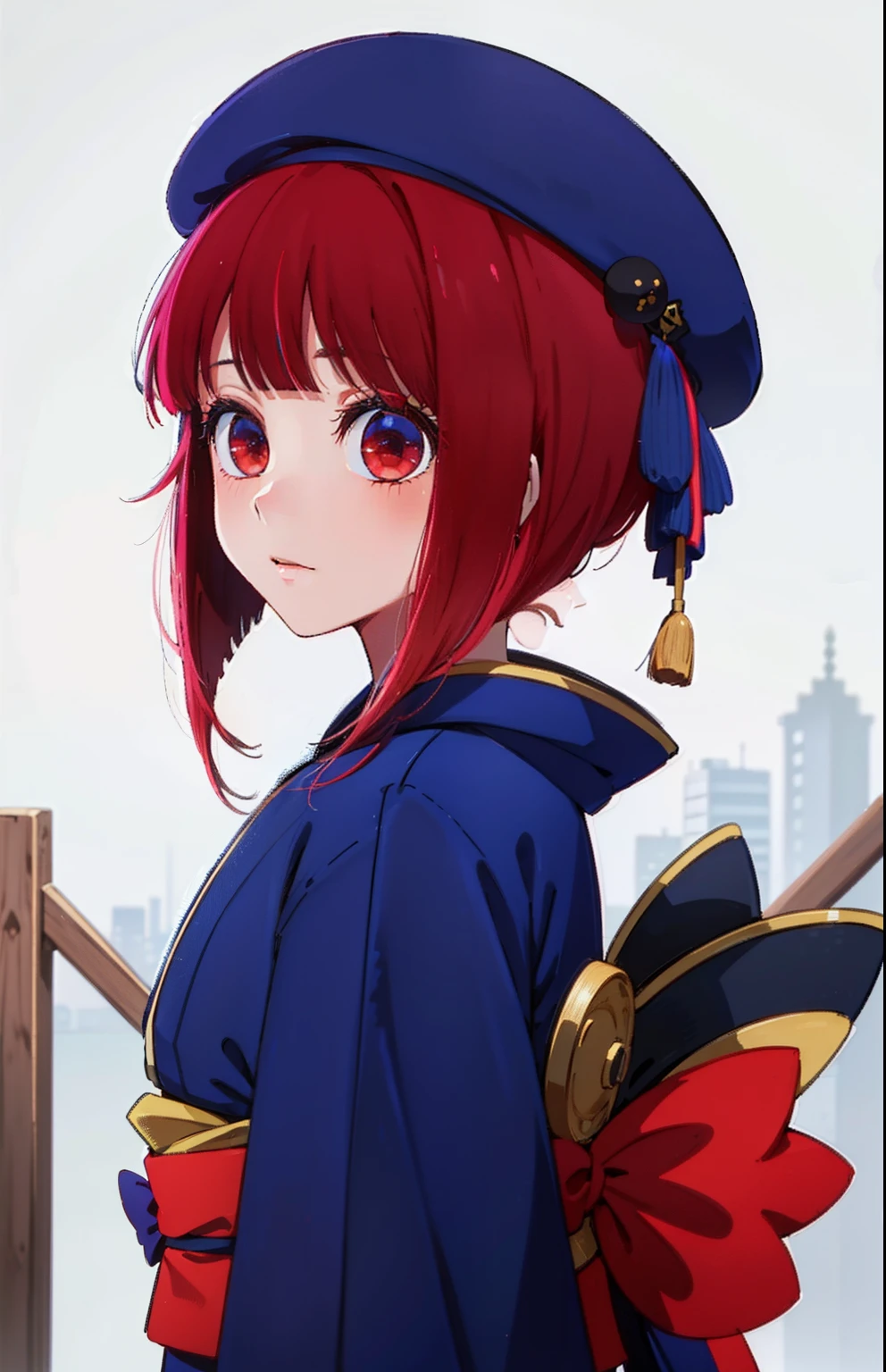 1girl, Arima Kana, hat, blue headwear, beret, blunt bangs, (kimono:1.3),, (masterpiece:1.2), highres, best quality, 8k,