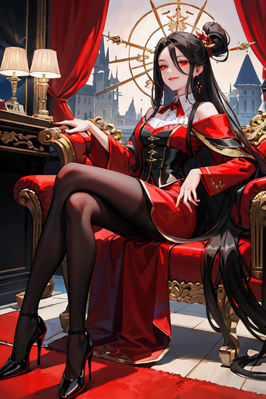 (tmasterpiece:1.2, Need), (Realphotos, Crafted with meticulous precision), 独奏, 1lady,whaite hair,long whitr hair,Red pupils,Vampires,Countess,Evil smiled,Black pantyhose,high-heels,Castle,midnight，Masturbation