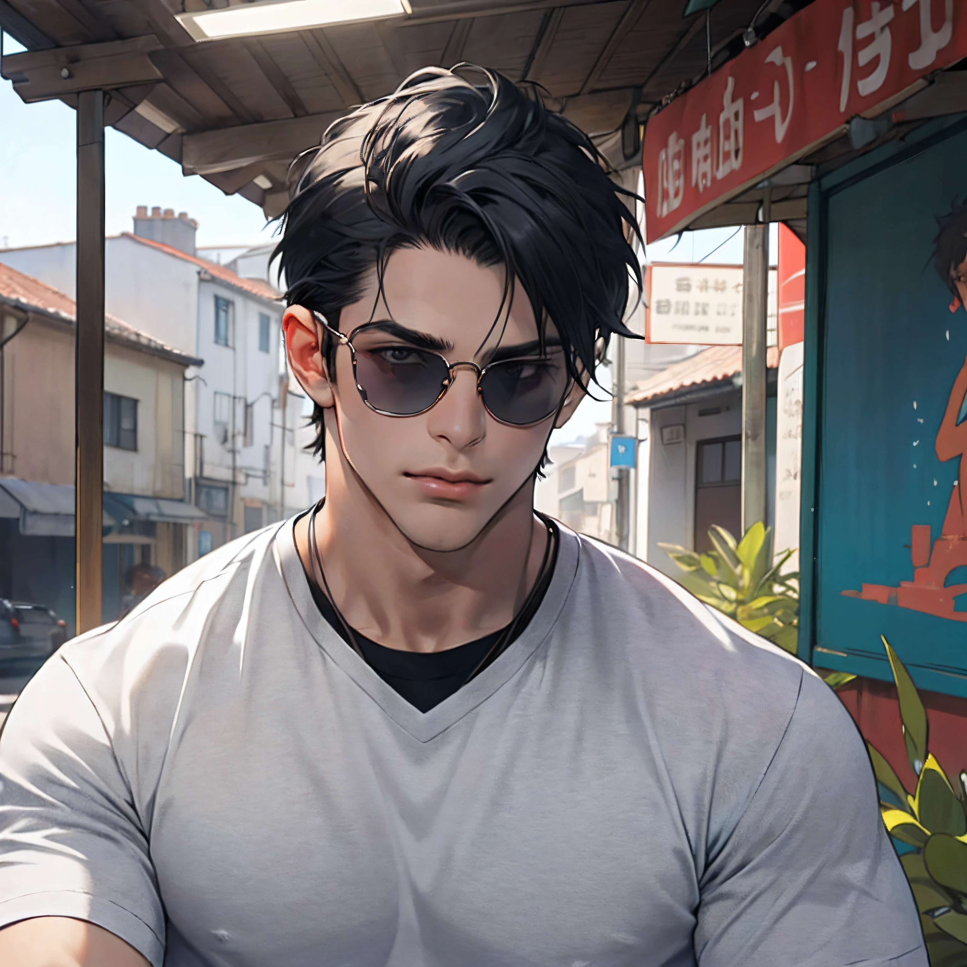 lifelike,(The Masterpiece,Top quality,best qulity,officlal art),greatly detailed,Colorful,Most detailed,god,shorter hair,black color hair,Handsome man,gargantilha,short sleeve,outskirts,sunglasses