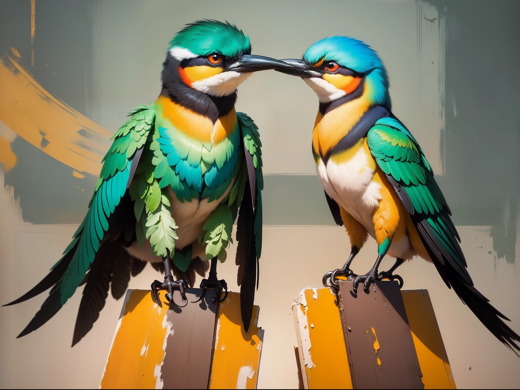 Masterpiece of oil painting of the European bee-eater. Capture the dynamic beauty of nature with expressive brushstrokes and bold palette. Oil painting in the style of the artist Orla Devy and dreamlike drawings by Sandrine Gestin.