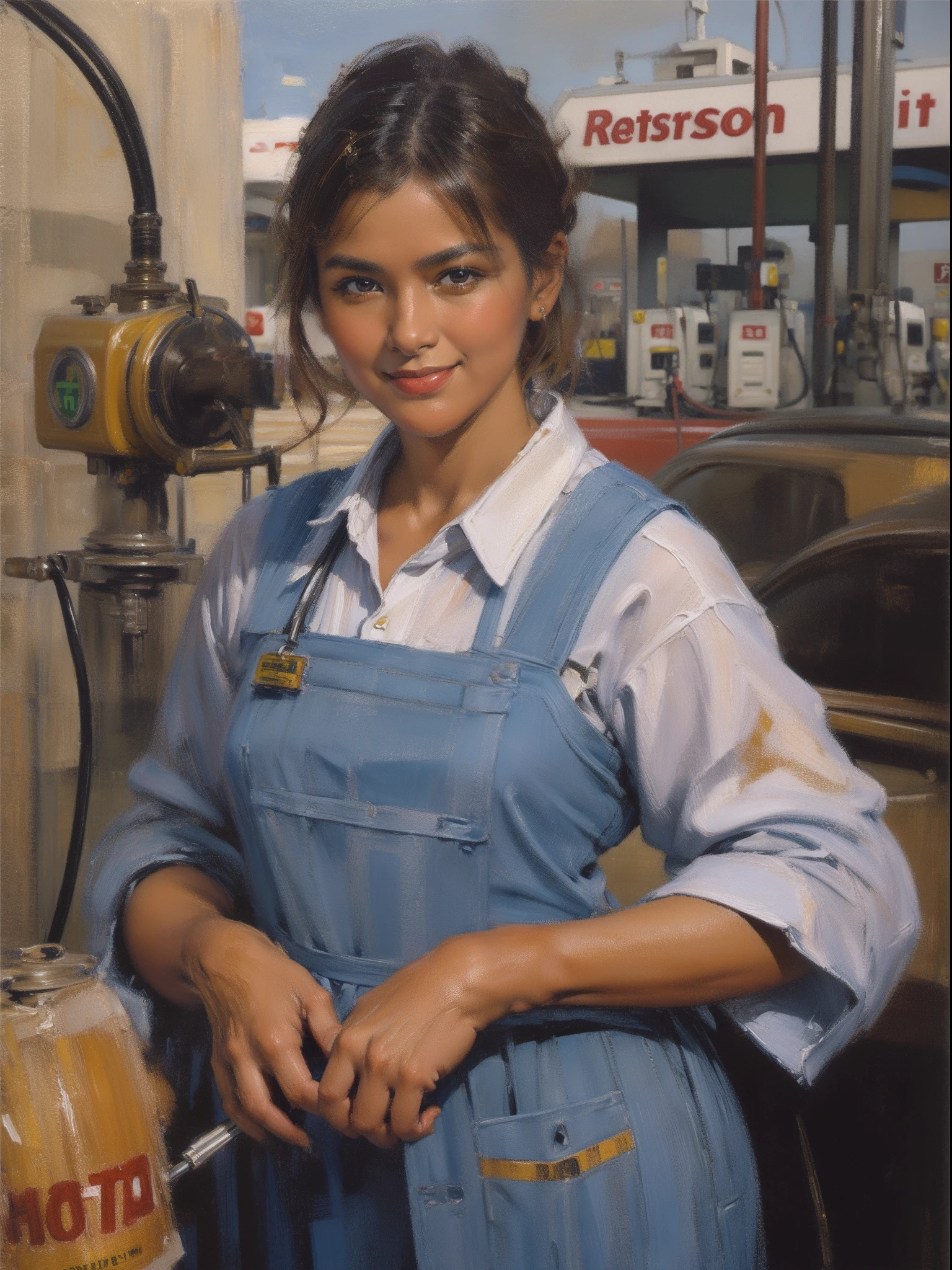 (Oil painting style:1.2), (Woman working at a gas station:1.5), (1girl in:1.3),独奏,Gas Station Uniforms, Brown hair, Refueling, Award Winning Painting, customer service, Smiling, (8K, 16 K, Super Detail), Best Quality:1.2, hight resolution, masutepiece:1.4, Hyper-Realism, high details, High quality, awardwinning, Textured skin, Anatomically correct, nffsw,(Detailed hand),(detailed finger:1.1),Painted with impasto technique,part time job,oil stains,