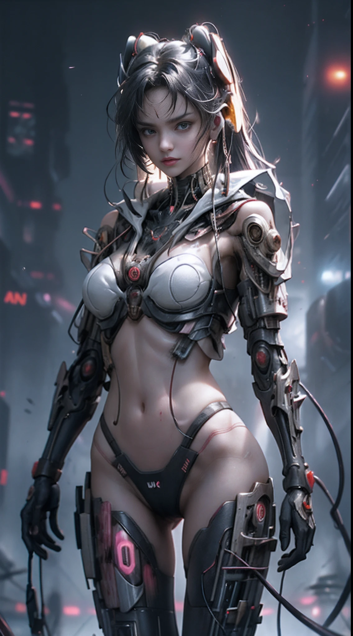 motor irreal:1.4,UHD,La mejor calidad:1.4, fotorrealista:1.4, textura de la piel:1.4, obra maestra:1.8, 1 chica cyberpunk, cabello negro, piel brillante, 1 orange mechanical girl, (Super realistic details)), cuerpo completo, global ilumination, contraste, Umbroso, Renderizado de octanaje, ultrasharp, escote expuesto, Piel cruda,minifalda orange, Metal,Intricate yellow decoration details, Japan details, Alto intrincado detallado, luz realista, Tendencias en CG, in front of camera, neon details, mechanical limbs, Blood Vessels Attached to Tubes, Mechanical vertebrae attached to the back, mechanical cervical attachment to the neck, alambres y cables que se conectan a la cabeza,(cabello:1.4),Gundam, small LED lamps. Girl、cabello plateado、Pupilas perfectamente redondas、Iris tremendoディテール, sonrisa ligera,(cyberpunk:1.3)