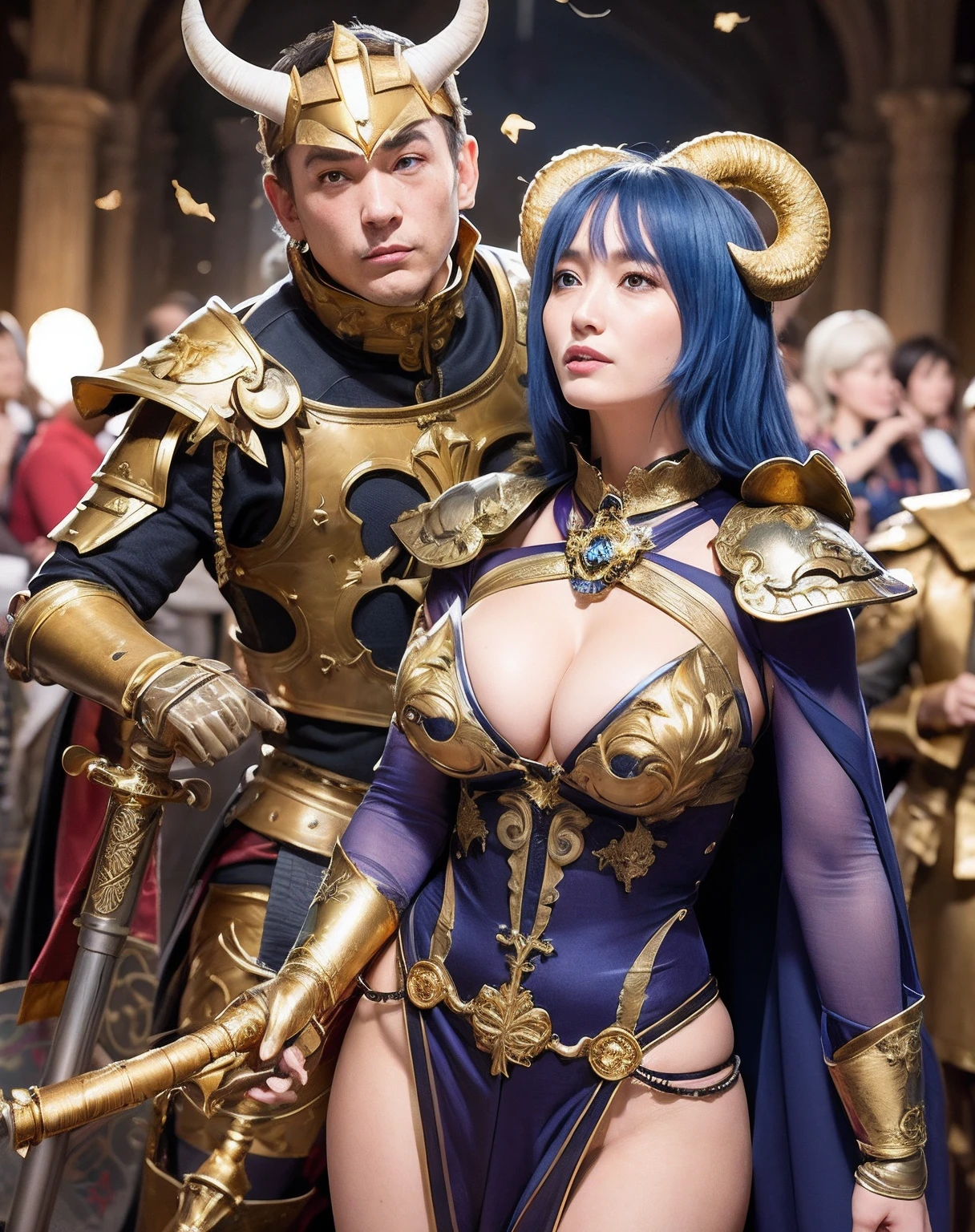 Professional , masterpiece、top-quality、photos realistic , depth of fields 、(Gemstone Blue Metal Body:1.2),(Matte Blue Black、(Standing in the church)、gold patterns、Wind-effect、Light Effects、Wind-effect、magic circles、(cleavage of the breast)、Dragon Gold Weapon(Dragon Metal Body:1.4),Gorgeous gold weapons ,(Particles of light)、 ,Fight legions of soldiers in skeleton armor ,(fierce look)、Mystical expression、16-year-old beautiful girl、(( Dragon's dense and gorgeous sword)) , Ultimate Beauty 、((Blue hair))、(Castle background)、Fight dragons、Fight with weapons、((Gangle's forest background))、Beautiful Caucasian beauty、(1a person)、dynamic ungle,(((Details of the two demon horns on the head)))、Smaller head、A smile、Castle background、Thin and beautiful female hands、cleavage of the breast、Soldier in iron armor on background、Mystical expression、Light Effects、Wind-effect、magic circles、With the legendary magic wand、(demonic wings)、(Blue hair)、(1 persons)、Battle Look、Anatomically correct body、Toostock、Toostock、knee、Fight soldiers with skeleton armor ,