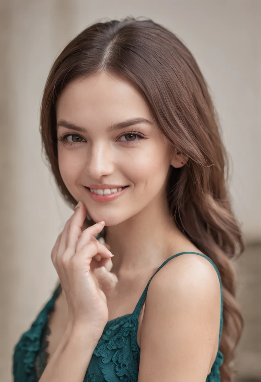 Closse up, smiling beautiful, portrait of young woman business hold hands crossed