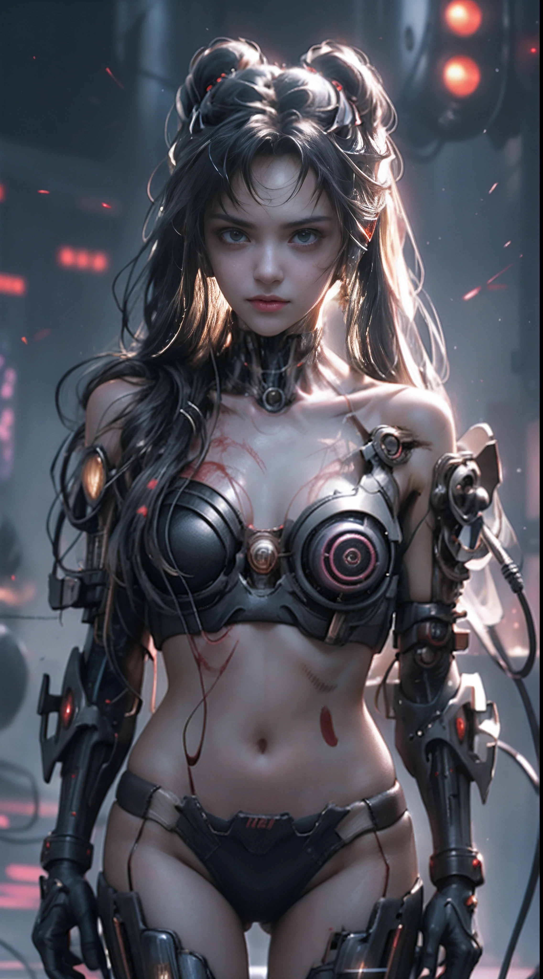 motor irreal:1.4,UHD,La mejor calidad:1.4, fotorrealista:1.4, textura de la piel:1.4, obra maestra:1.8, 1 chica cyberpunk, cabello negro, piel brillante, 1 orange mechanical girl, (Super realistic details)), cuerpo completo, global ilumination, contraste, Umbroso, Renderizado de octanaje, ultrasharp, escote expuesto, Piel cruda,minifalda orange, Metal,Intricate yellow decoration details, Japan details, Alto intrincado detallado, luz realista, Tendencias en CG, in front of camera, neon details, mechanical limbs, Blood Vessels Attached to Tubes, Mechanical vertebrae attached to the back, mechanical cervical attachment to the neck, alambres y cables que se conectan a la cabeza,(cabello:1.4),Gundam, small LED lamps. Girl、cabello plateado、Pupilas perfectamente redondas、Iris tremendoディテール, sonrisa ligera,(cyberpunk:1.3)