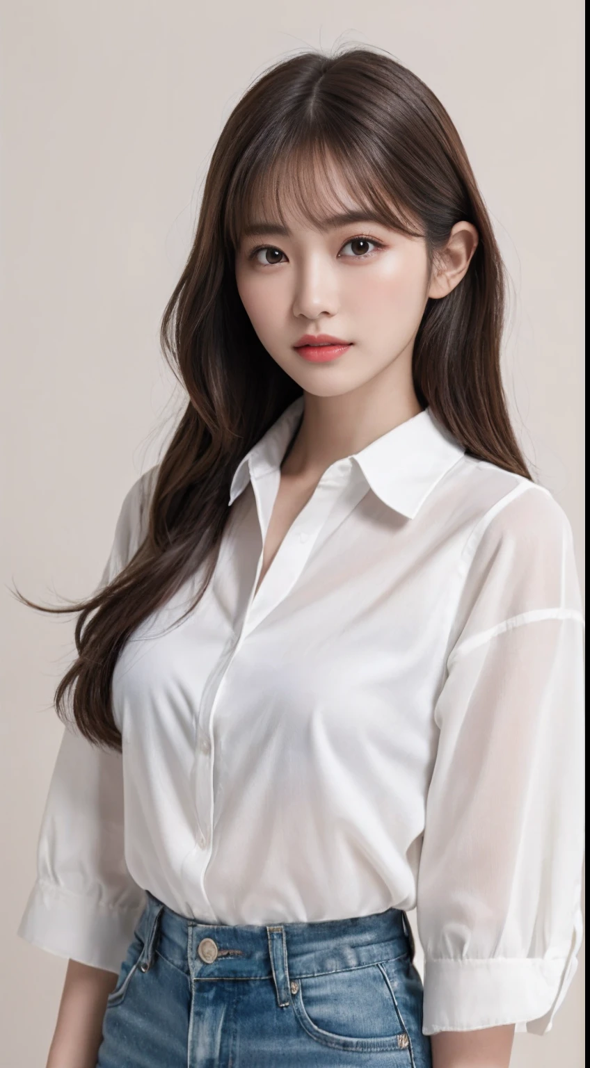 Arab asian woman in white shirt and blue jeans, hyperRealistic , Otaku, V-shaped clothing with an open neckline, Korean Girls, a hyperRealistic , Wear a shirt, Smooth white tight clothing suit, Realistic , Gorgeous Young Korean Woman, sakimichan, Trending on cgstation, Wear a shirt and tie, Interesting outfits