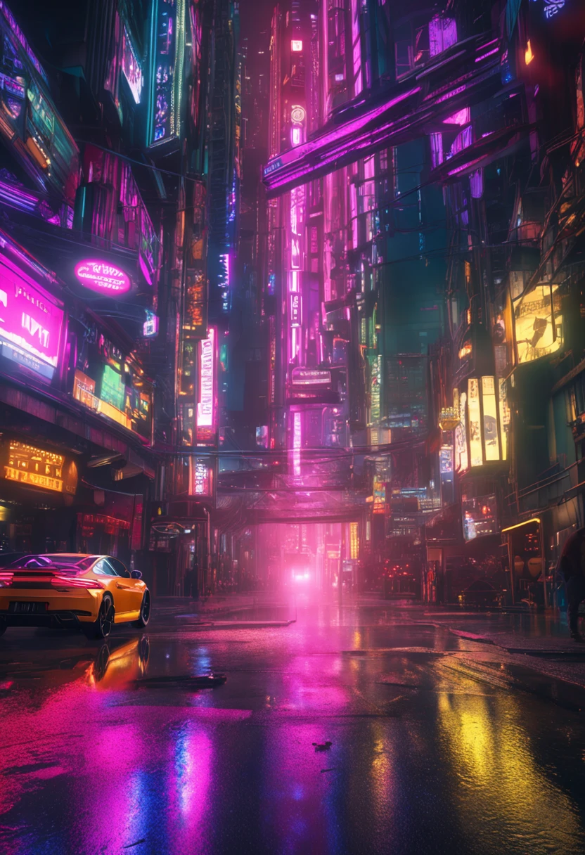 Wet reflective pavement, iridescent paint, highly detailed rims, glowing rims, View from the front, Futuristic city background, prime time, [Cyberpunk Night City:1.3], 8K DSLR, Sharp, tack sharp, Intricate details, Masterpiece, Golden ratio, Highest quality, hdr, Photorealistic, insane quality, Best quality, Extremely detailed, Highest detail, Highly detailed, Incredibly detailed, Detailed, Realistic, 8K  UHD, High quality