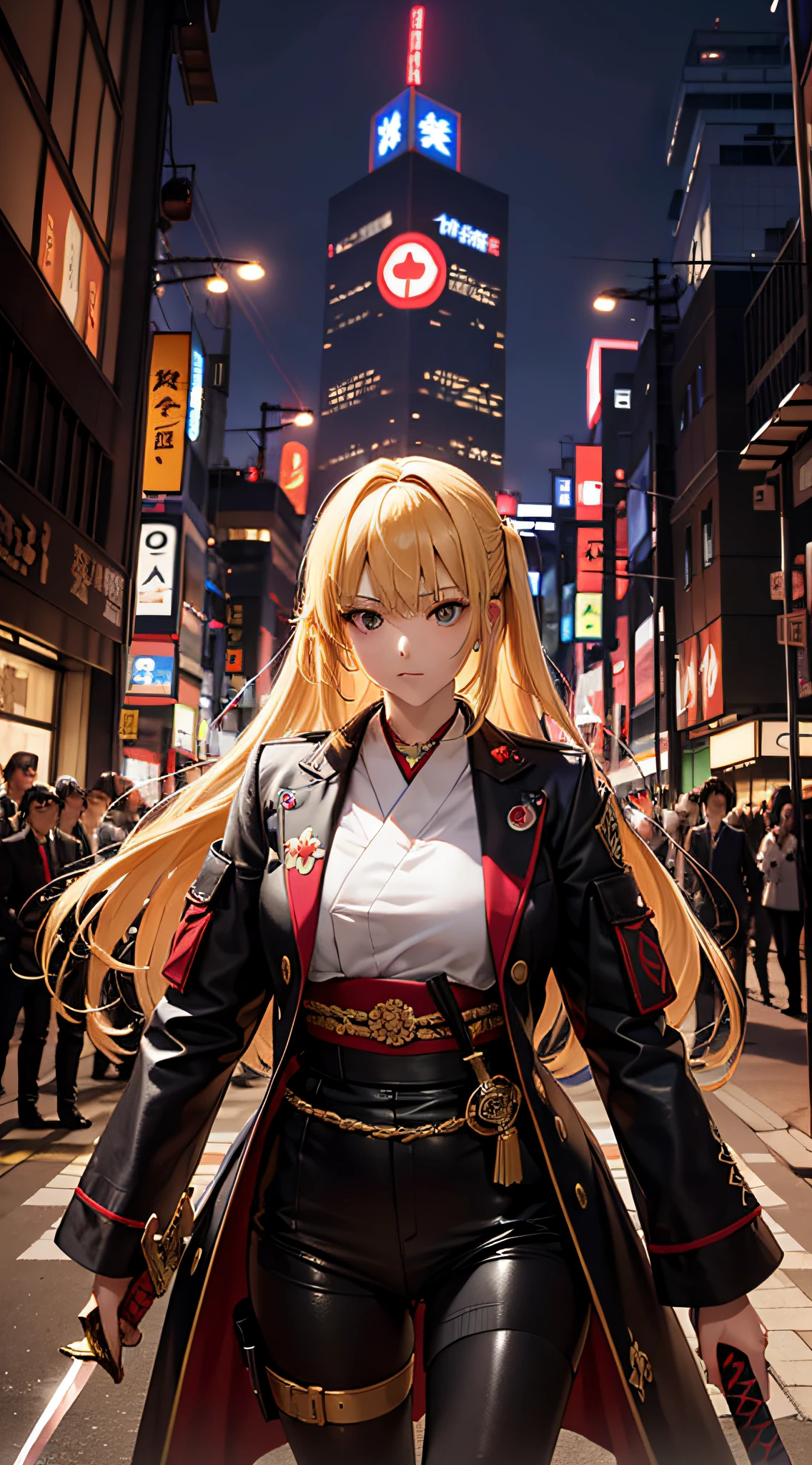 masutepiece,Psychedelic cityscape,Psychedelic blonde woman,1 persons,Mechanized person,I have a Japan sword in both hands,The blade is wakizashi size,Holding the sword beautifully,in fighting,(The background is a pile of corpses),Only those who fell,high-detail,the golden ratio,Highest composition,best faces,8k,