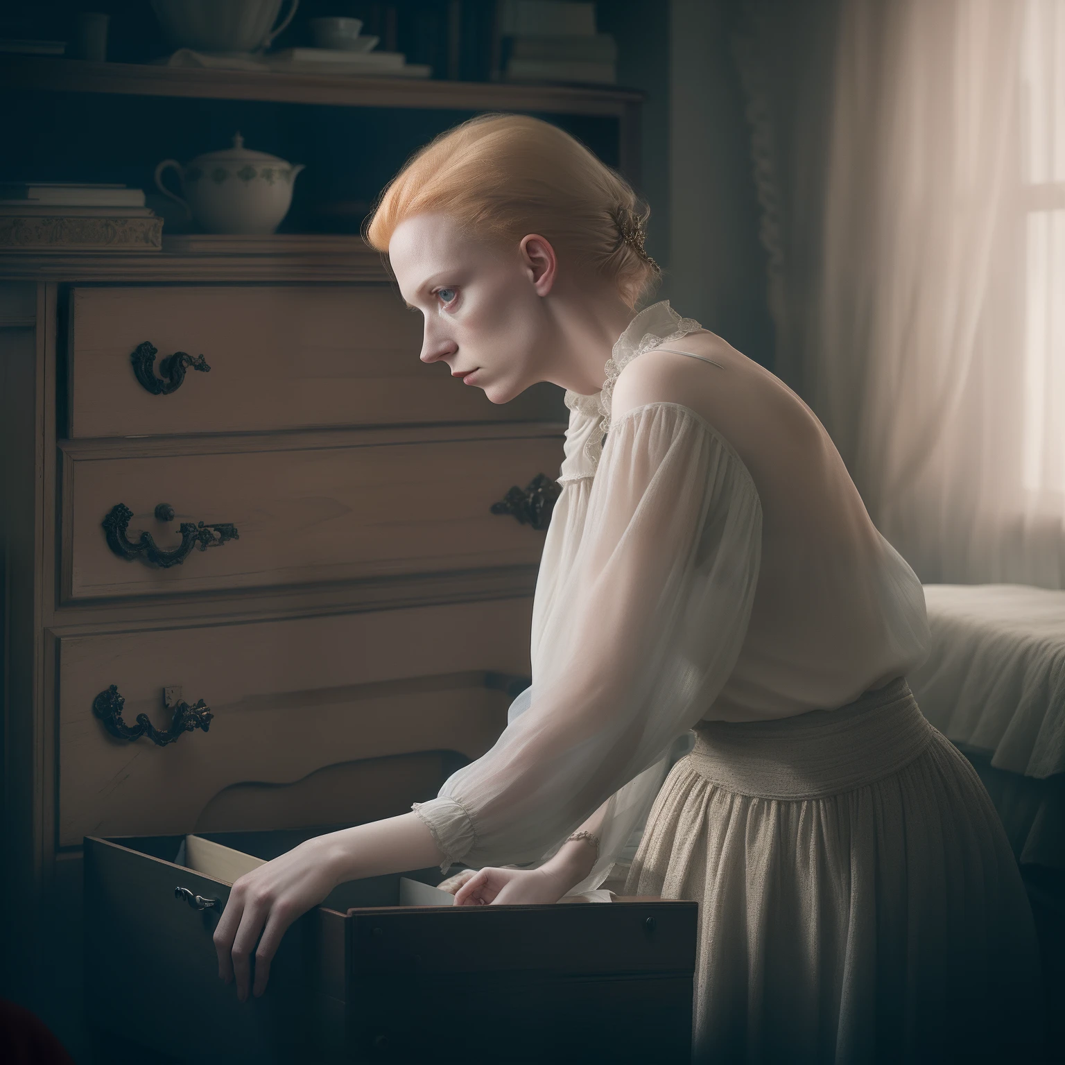 there is a woman sitting on a bed in a room, Retrato de Florence Pugh, Helene Fischer em Downton Abbey, florence pugh, Liberdade de Ronan, amber heard squatting on a bed, inspirado em Michael Ancher, um filme ainda, Directed by: Pamela Ascherson, TV ainda, dramatic movie still, Emma, Directed by: Sylvia Wishart, tuberculose na era  Vitoriana