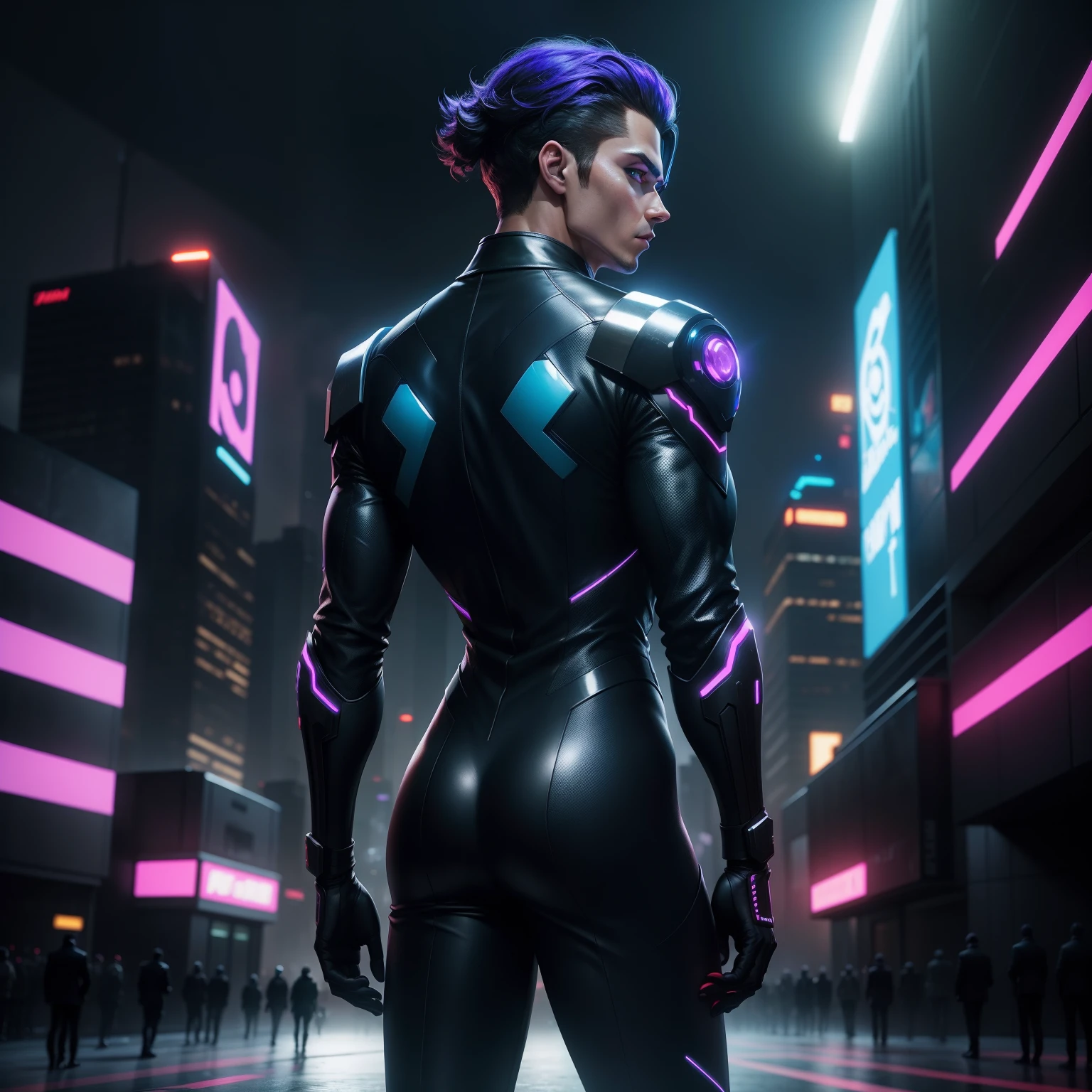 "A character wearing a sleek suit, standing with his back to the viewer in a futuristic Cyberpunk cityscape. He is wearing a helmet, which emits vibrant RGB lighting, held in his hand."