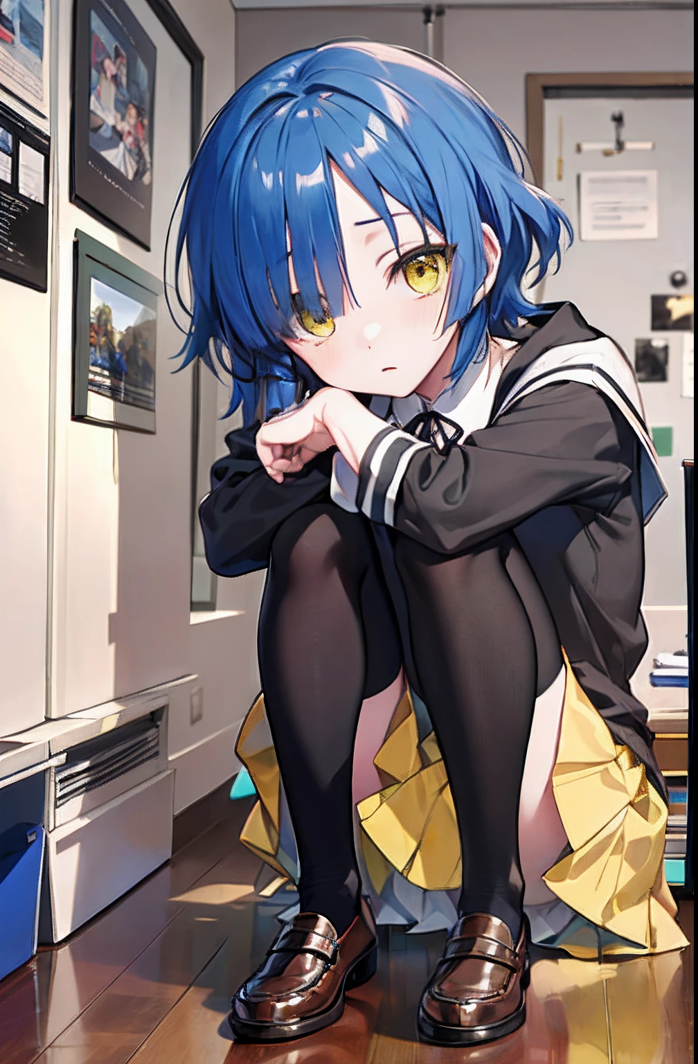 (masterpiece、top-quality、illustratio、Extremely high quality、high-level image quality、Extremely sensitive writing)Ryoyamada, Ryo Yamada, Blue hair, eyes visible through hair, Mole, Mole under the eyes, Short hair, (Yellow eyes:1.5), hair clips, BREAK black pantyhose, a black ribbon, Blue skirt, Brown Footwear, lowfers, Long sleeves, pantyhose, bow ribbon, School uniform, Shimokitazawa High School Uniform, Shirt, shoes, Skirt, White shirt,, BREAK looking at viewer, Break indoors, crass room, BREAK (masutepiece:1.2), Best Quality, High resolution, Unity 8k壁纸, (Illustration:0.8), (Beautiful detailed eyes:1.6), extra detailed face, Perfect Lighting, extremely details CG, (Perfect hands, Perfect Anatomy),barechested