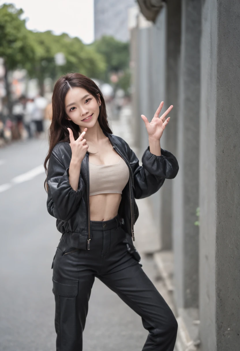 Reflecting the whole body、cool lady、japanes、caps、Longhaire、A dark-haired、thin clothes、In the street、tight trousers、large full breasts、Questionable smile、Put a peace sign on your cheek、Slouched、rock style、prosthetic hand、Two women、２People cross their arms、