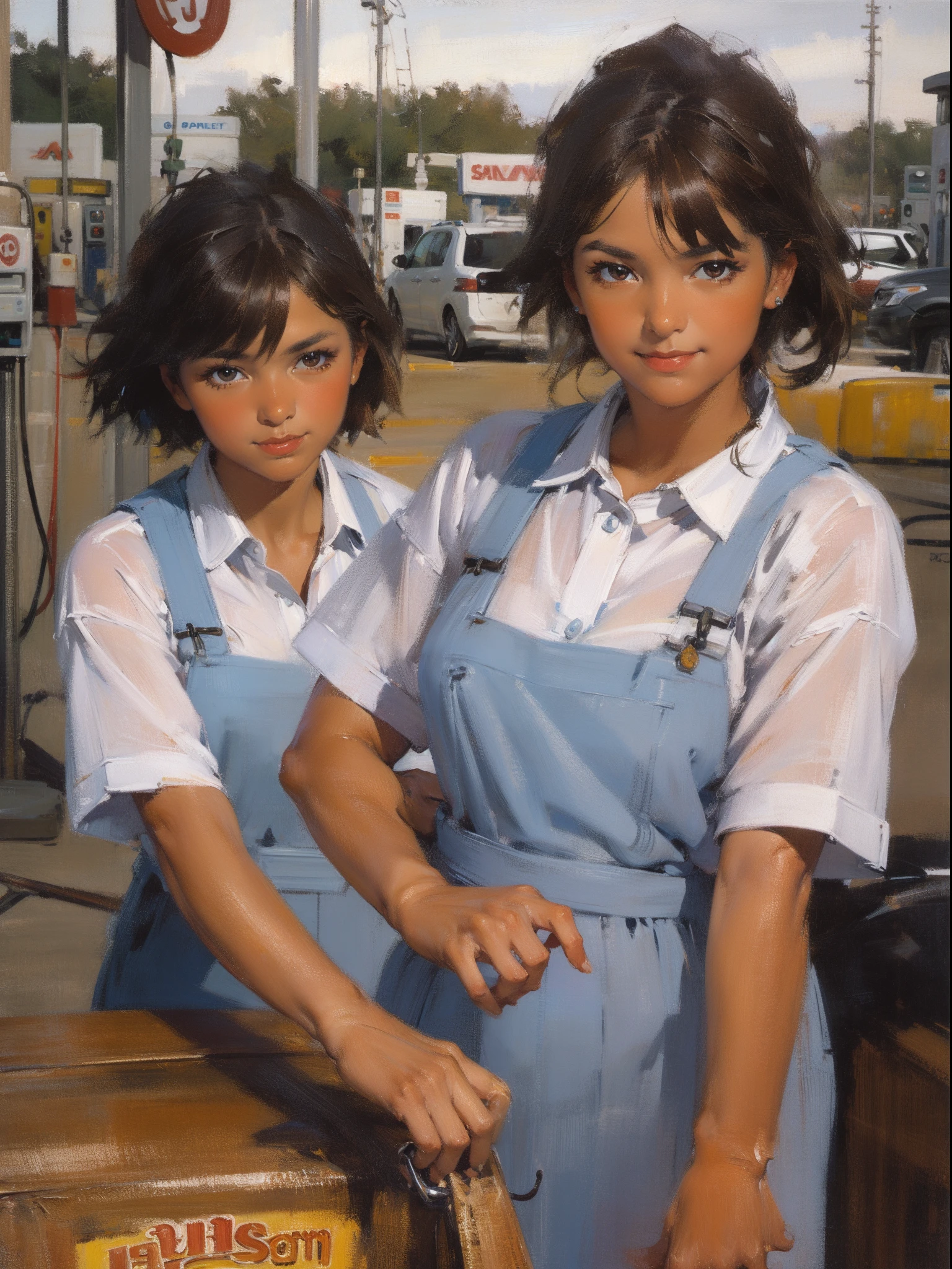 (Oil painting style:1.2), (Woman working at a gas station:1.5), (1girl in:1.3),独奏,Gas Station Uniforms, Brown hair, Refueling, Award Winning Painting, customer service, Smiling, (8K, 16 K, Super Detail), Best Quality:1.2, hight resolution, masutepiece:1.4, Hyper-Realism, high details, High quality, awardwinning, Textured skin, Anatomically correct, nffsw,Detailed hand,Detailed finger,Painted with impasto technique,part time job,oil stains,