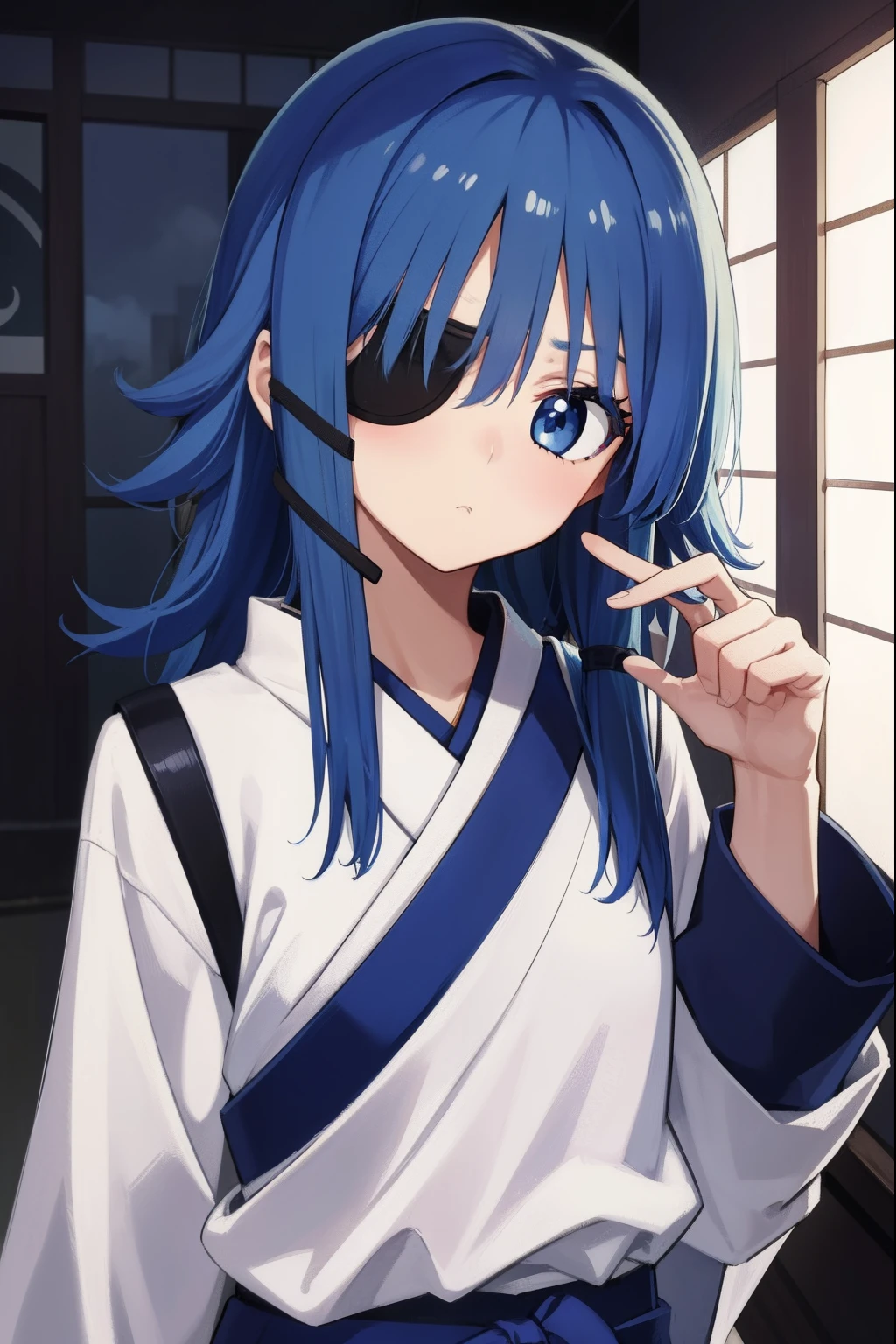 Mullet hairstyl,girl,japanese,blue hair,cool,cute,anime,illust,beautiful,high Quality,blue eyes,beautiful face,eyepatch