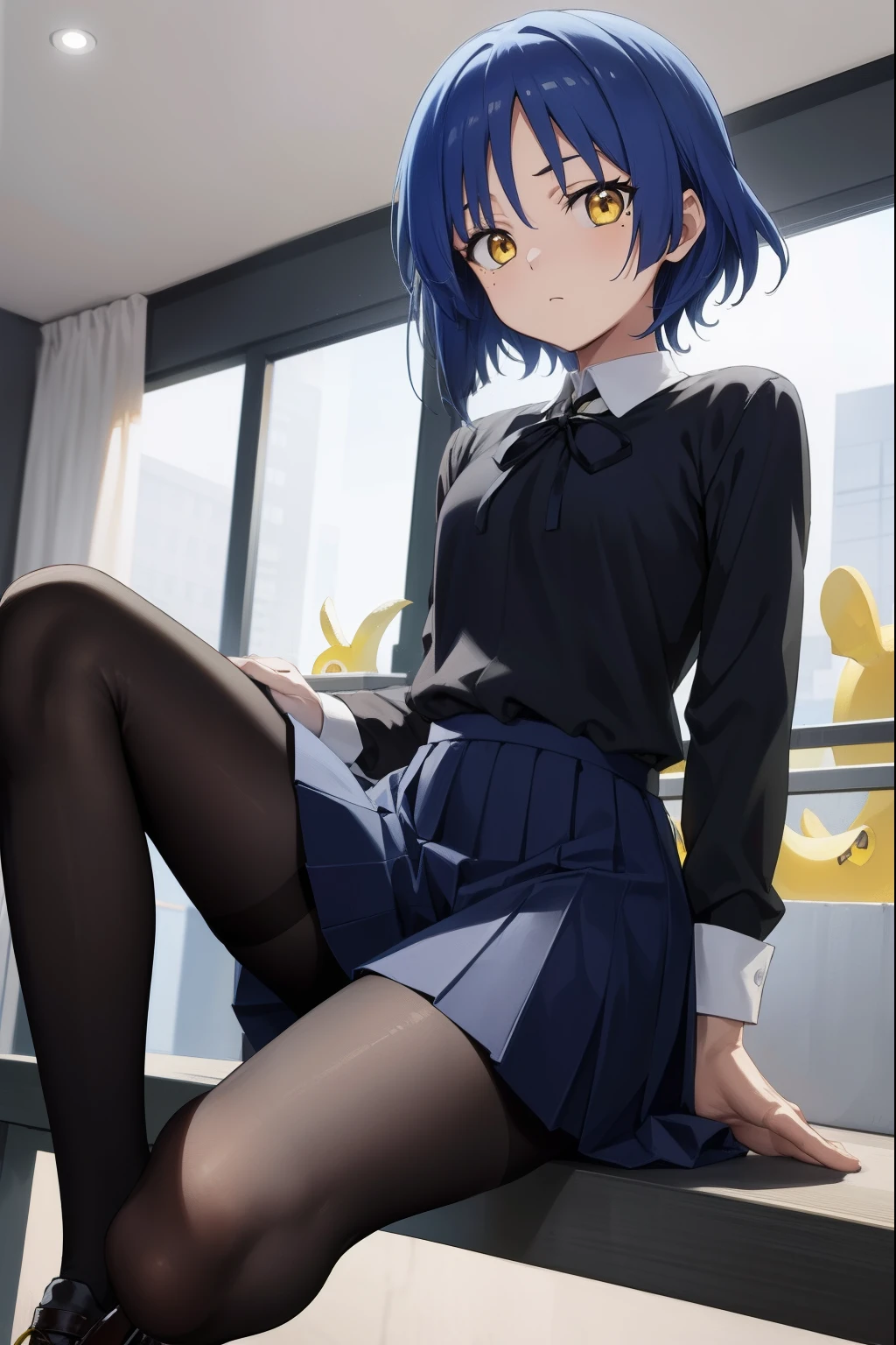 Ryoyamada, Ryo Yamada, Blue hair, eyes visible through hair, Mole, Mole under the eyes, Short hair, (Yellow eyes:1.5), hair clips,
BREAK black pantyhose, a black ribbon, Blue skirt, Brown Footwear, lowfers, Long sleeves, pantyhose, bow ribbon, School uniform, Shimokitazawa High School Uniform, Shirt, shoes, Skirt, White shirt,,
BREAK looking at viewer,
Break indoors, crass room,
BREAK (masutepiece:1.2), Best Quality, High resolution, Unity 8k壁纸, (Illustration:0.8), (Beautiful detailed eyes:1.6), extra detailed face, Perfect Lighting, extremely details CG, (Perfect hands, Perfect Anatomy),barechested