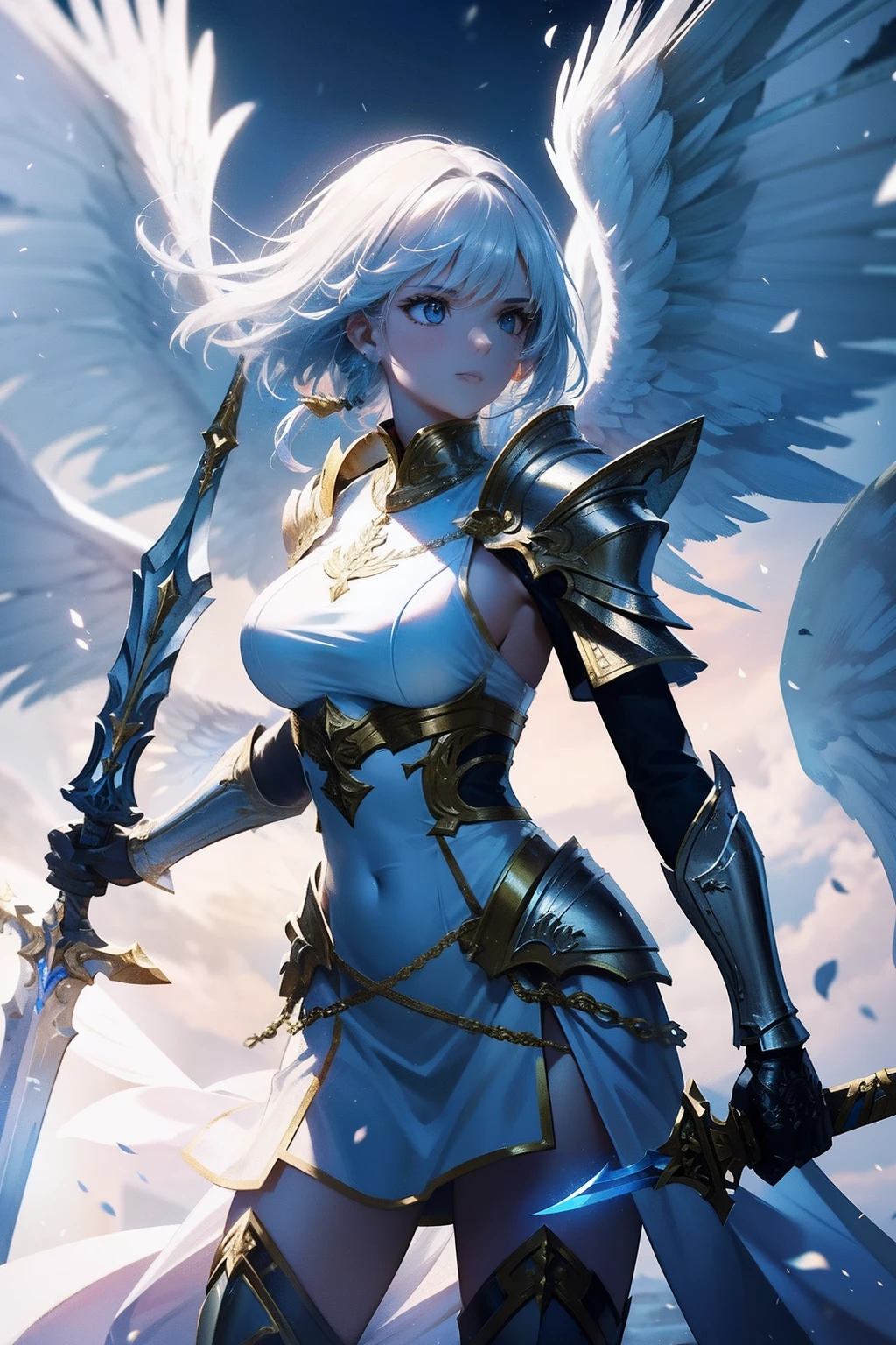 Warrior woman with sword, angel, White armor, Wings, Majestic, Cinematic, Ultra photo realsisim, highly detailed environments