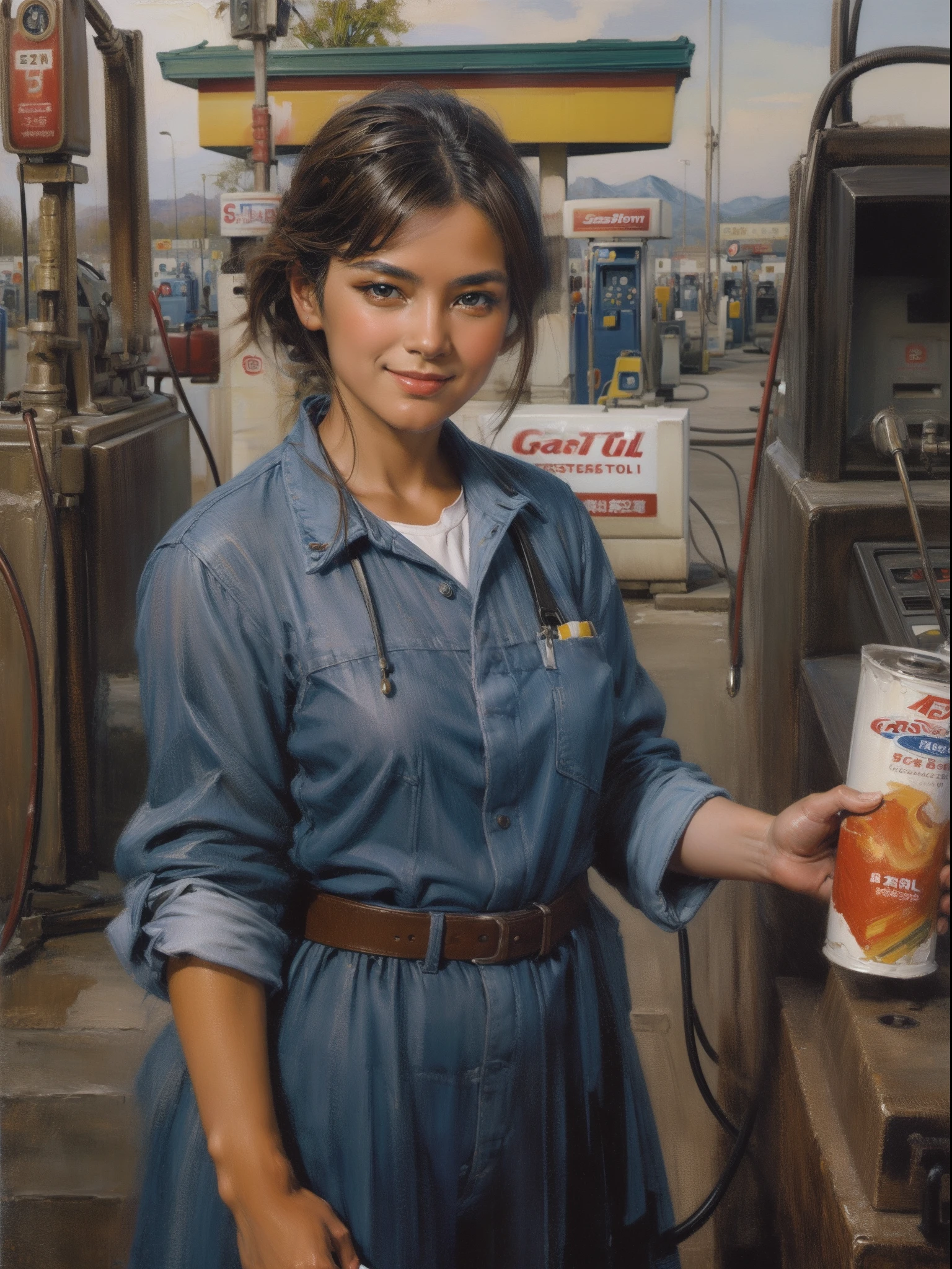 (Oil painting style:1.2), (Woman working at a gas station:1.5), (1girl in:1.3),独奏,Gas Station Uniforms, Brown hair, Refueling, Award Winning Painting, customer service, Smiling, (8K, 16 K, Super Detail), Best Quality:1.2, hight resolution, masutepiece:1.4, Hyper-Realism, high details, High quality, awardwinning, Textured skin, Anatomically correct, nffsw,(Detailed hand),(detailed finger:1.1),Painted with impasto technique,part time job,oil stains,