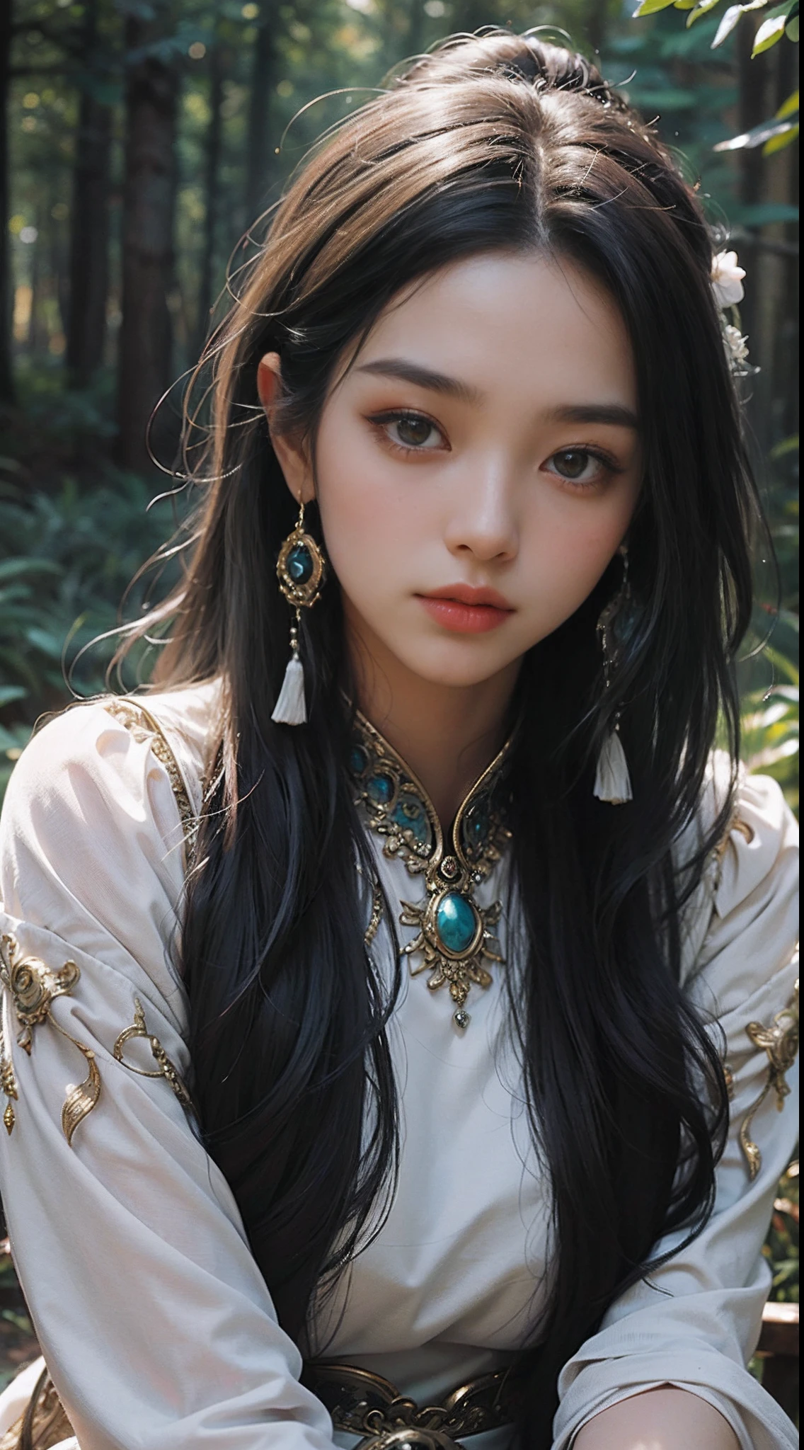 realisticlying,of a real,A mysterious young woman,A glowing sphere,Cast a soft glow, ethereal glow upon her flawless features. The setting is a silent, moonlit forest and her attire is an ornate fusion of traditional Asian culture and futuristic fantasy. Every detail of her face and costume is presented in extreme close-ups,The level of detail is extraordinary. artist: Alec Soth