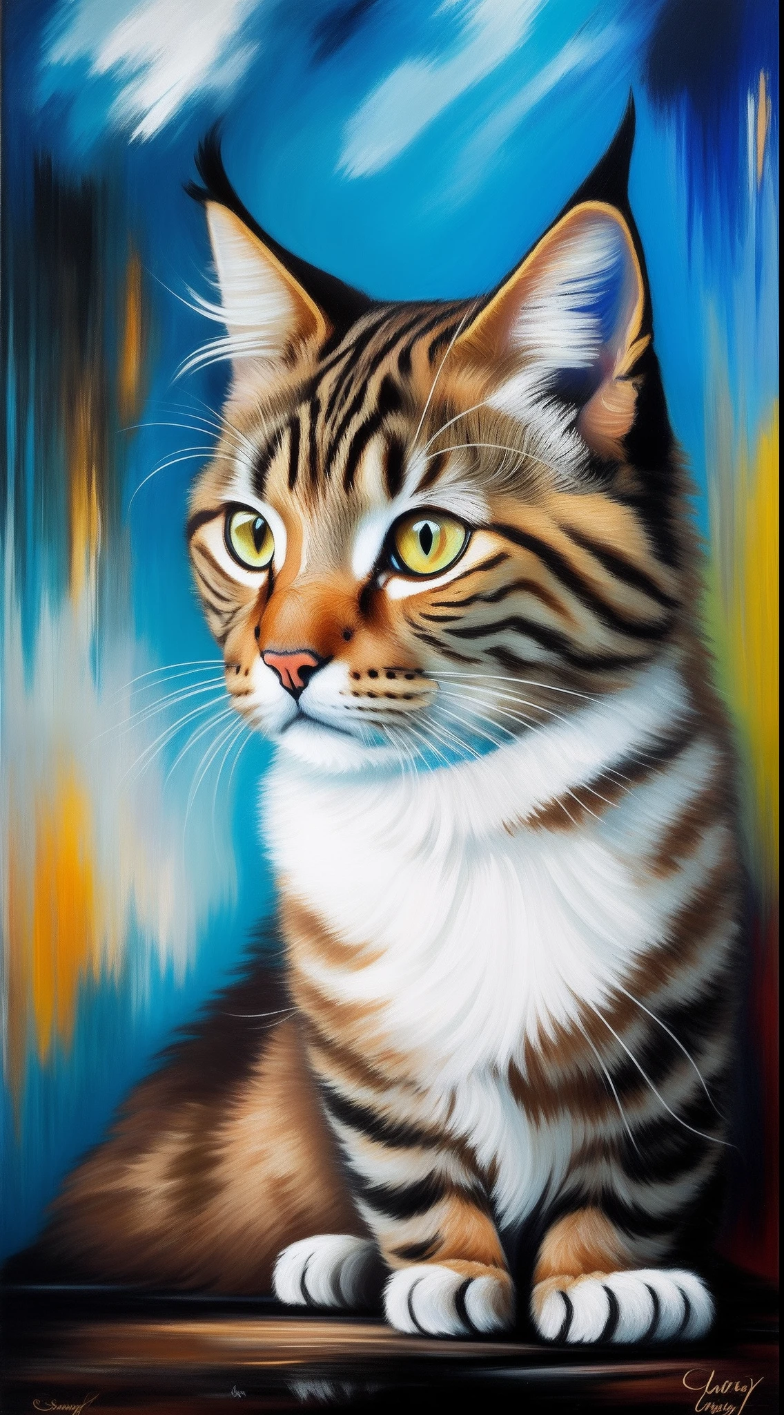 Masterpiece of oil painting cat breed of Norwegian forests (Tabby black, poil long, oreille de lynx). chat vu en entier assis sur un coussin. Pleins cadre. Capture the dynamic beauty of the cat with expressive brushstrokes and a bold palette. Oil painting in the style of the artist Orla Devy and dreamlike drawings by Sandrine Gestin.
