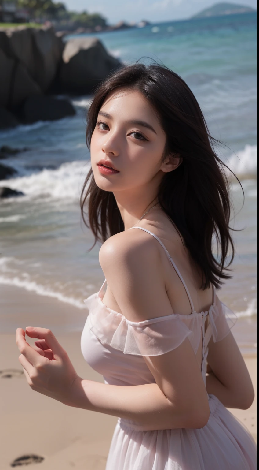 (8K, original photo, highest quality, masterpiece: 1.45), (actual, lively: 1.37),1 beautiful girl、 Japanese、asian beauty、super beautiful、beautiful skin、thin、(full body)、(surreal)、(High resolution)、(8K)、(very detailed)、(Super detailed)、big eyes、brown eyes、long eyelashes、detailed face、gloss lip,bright lighting、professional lighting、looking at the camera、serious expression、look straight ahead、long hair、brown hair、sea landscape、Nogizaka Idol、actress、20-year-old、big breasts、big breasts、wet skin、 naked、baby face、Moisturized and realistic skin texture、moist lips、natural shadows, (arms up), (((nsfw))), naked