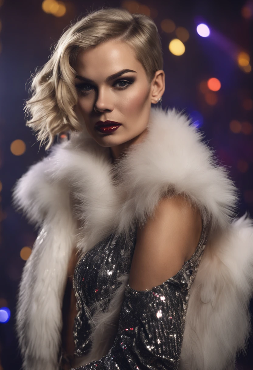 candid frontal closeup close up body portrait of a (Russian woman:1.2) model (with long Blonde Pixie Cut Haircut:1.2), (posing in Dazzling Ballroom with Shimmering Dance Floor and Twinkling Lights during Snow Level:1.1), (wearing Glamorous Hollywood Film Star Fashion with Satin Gowns and Fur Stoles:1.2), at dark night, moonlight, (naughty), (Saluting:1.1), Dappled light Hair light, (bright flash photography:1.2), Deep reds aesthetic, (focus on the eyes), (hard shadows, pitch black brackground, unlit, dark theme, dim lighting, deep contrast:1.1), (background in focus), (wearing Futuristic Post-Apocalyptic Survivor Attire with Tattered Leather Jackets and Goggles:1.2), analog film grain overexposed blurry polaroid