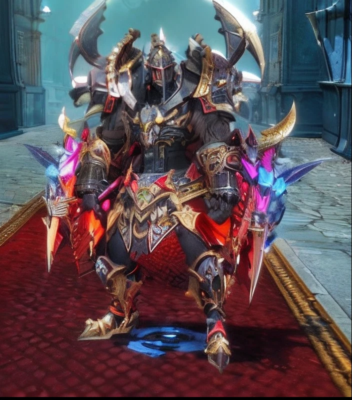 a close up of a person in a costume with 2 large weapons, black fire color reflected armor, demon armor, ornate supreme demon overlord, draconic looking armor, red demon armor, ingame image, dragon ancient full plate armor, demon male, corrupted armor, symmetric armor, hybrid from dynasty warriror, from lineage 2, sliver ice color reflected armor