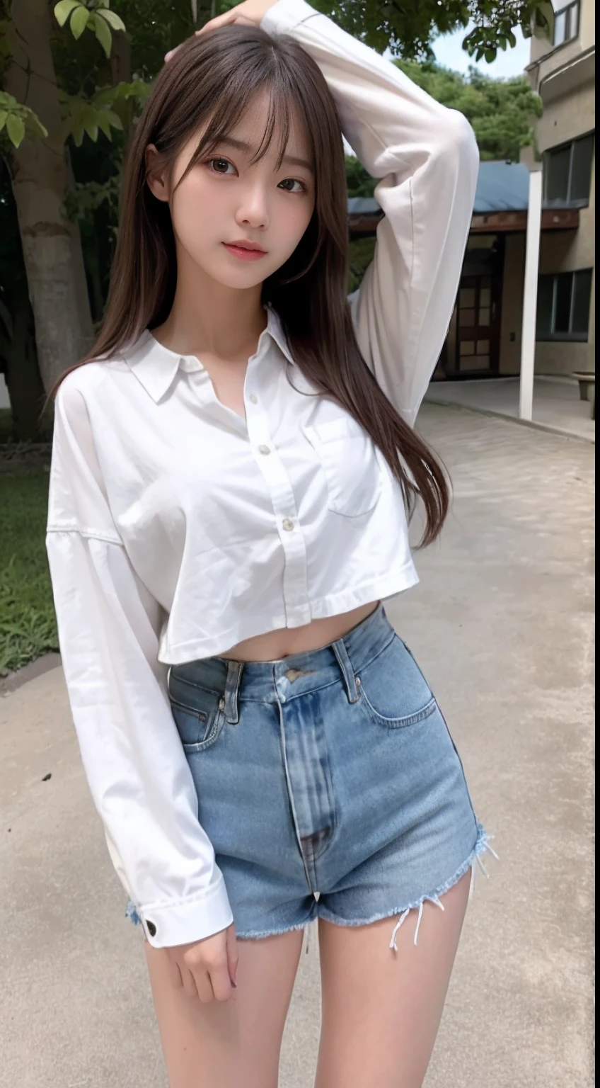 ultra-detailliert, hight resolution, (realisitic, Photorealsitic:1.4), 8K, Raw foto, (masterpiece), (top-quality), physically-based renderingt, college girls, long brown hair, Korea, the beach, In look, Nothing to wear、Unbuttoned_white_Shirt,