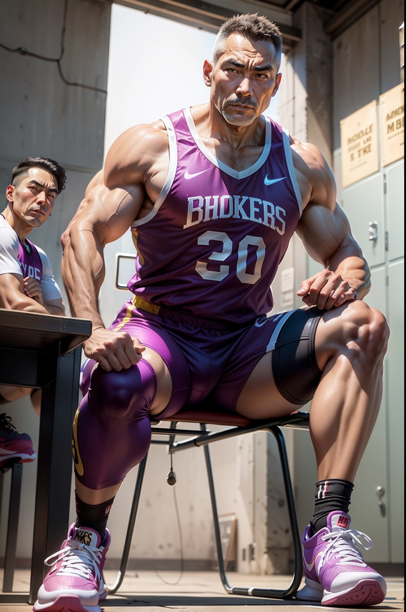 50-year-old middle-aged man,grampa,Man,Height 195,Asian people,sit on chair,God perspective,The eyes are about to face each other,Chinese men,musculature,Lift one foot,Wearing a fuchsia Nike basketball vest,Red basketball pants,The number 18 is written on the basketball suit,Purple yellow Nike high-leg basketball shoes,Rope in hand,Ferocious and ferocious,The background is a prison