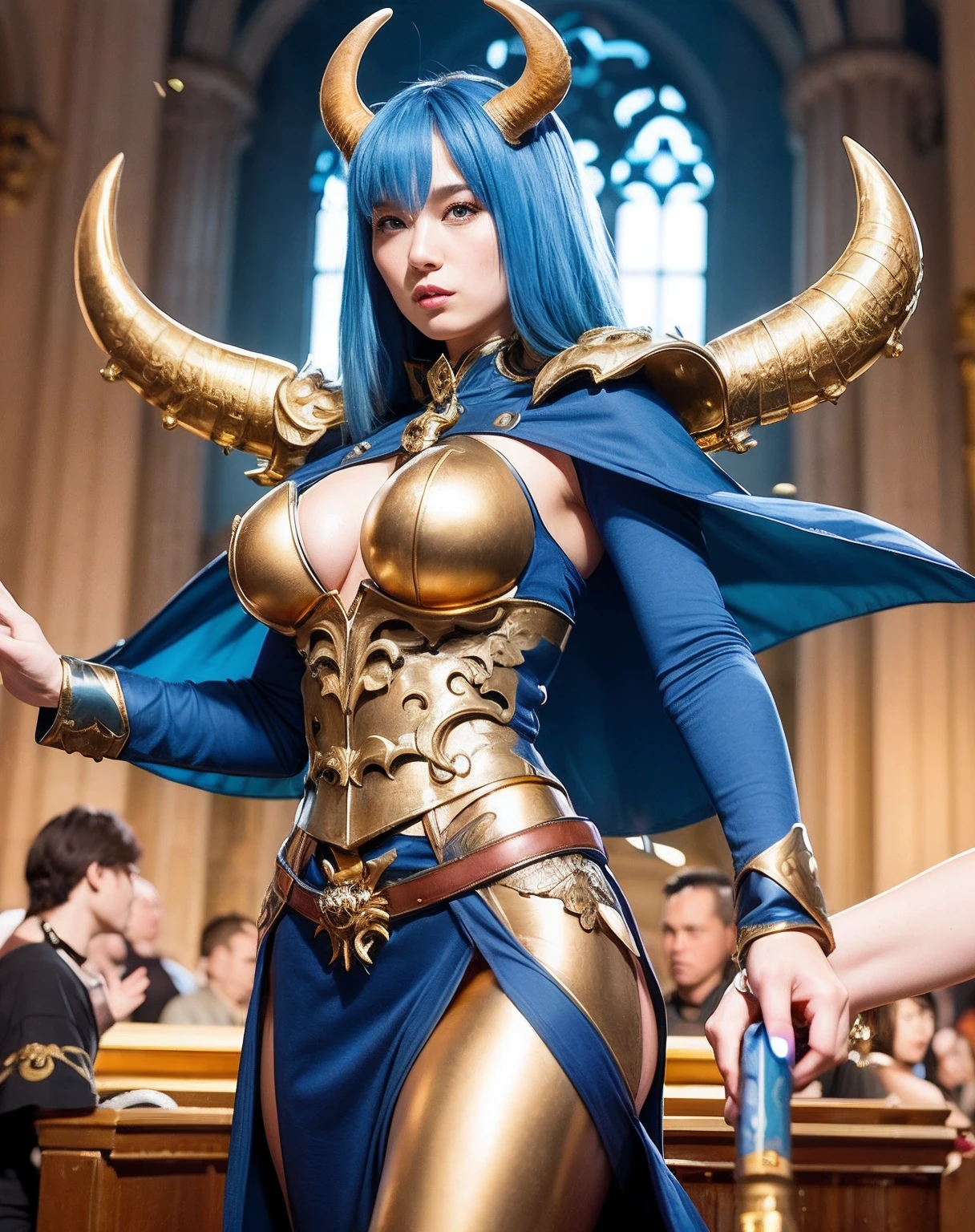 Professional , ​masterpiece、top-quality、photos realistic , depth of fields 、（Gemstone Blue Metal Body:1.２),(Matte Blue Black、（Standing in the church）、gold patterns、Wind-effect、Light Effects、Wind-effect、magic circles、（cleavage of the breast）、Dragon Gold Weapon（Dragon Metal Body:1.４),Gorgeous gold weapons ,（Particles of light）、 ,Fight legions of soldiers in skeleton armor ,（fierce look）、Mystical expression、16-year-old beautiful girl、（（ Dragon's dense and gorgeous sword）） , Ultimate Beauty   、（（Blue hair））、（Castle background）、Fight dragons、Fight with weapons、（（Gangle's forest background））、Beautiful Caucasian beauty、（１a person）、dynamic ungle,(((Details of the two demon horns on the head)))、Smaller head、A smile、Castle background、Thin and beautiful female hands、cleavage of the breast、Soldier in iron armor on background、Mystical expression、Light Effects、Wind-effect、magic circles、With the legendary magic wand、（demonic wings）、（Blue hair）、（1 persons）、Battle Look、Anatomically correct body、Toostock、Toostock、knee、Fight soldiers in skeleton armor ,