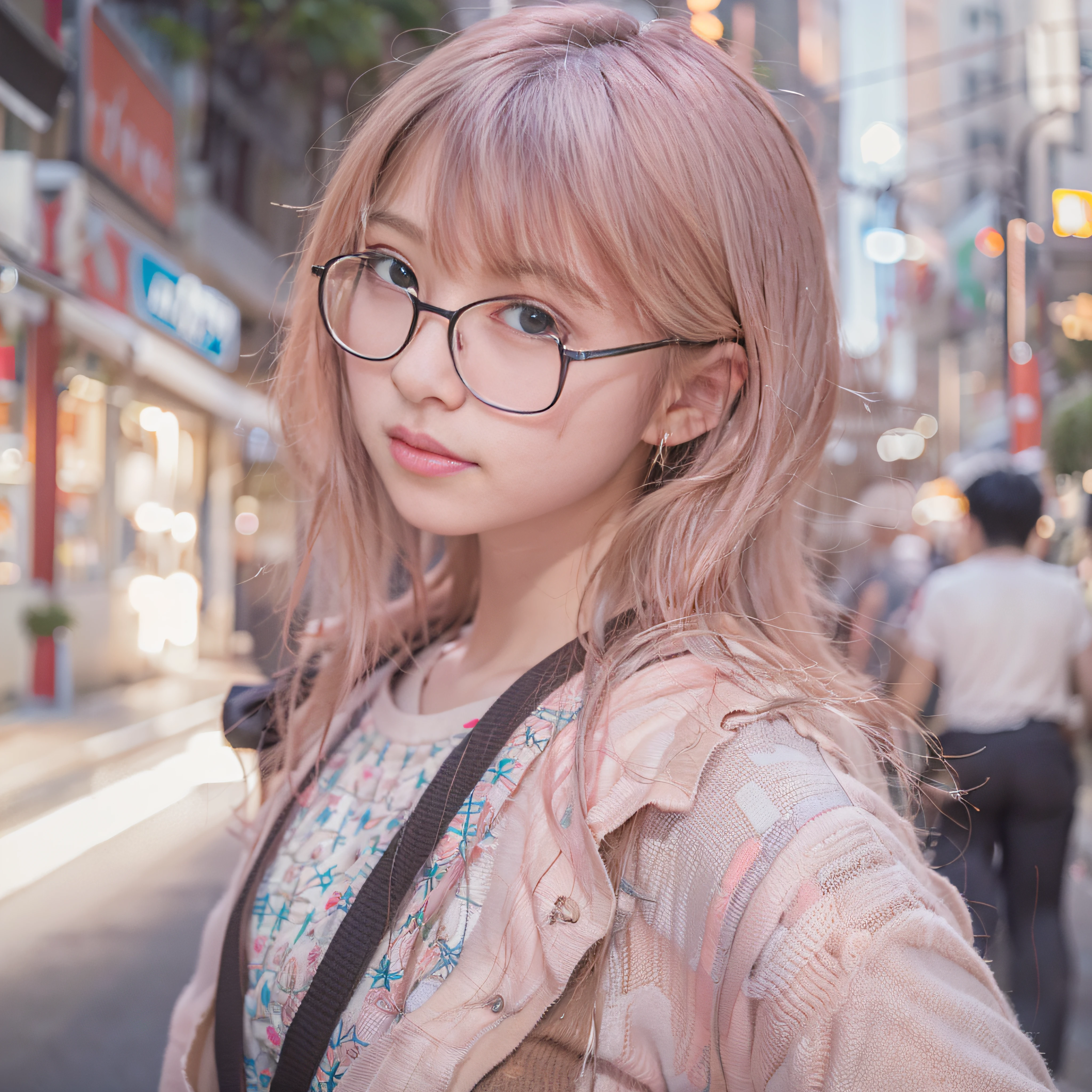 女の子1人、on tokyo street、A city scape、The upper part of the body、a closeup、A smile、Round frame glasses、Pink glasses frame、Round frame glasses、(8K、Raw photography、top-quality、​masterpiece:1.2)、(realisitic、photoRealstic:1.37)、Highly detailed eyelash drawing、(((Top image quality))),Fine skin, (Beautiful hair), (Perfect Anatomy), (Realistic), (Dynamic Angle), Pose Seductive,Perfect,Sensual look、top-quality、hight resolution、