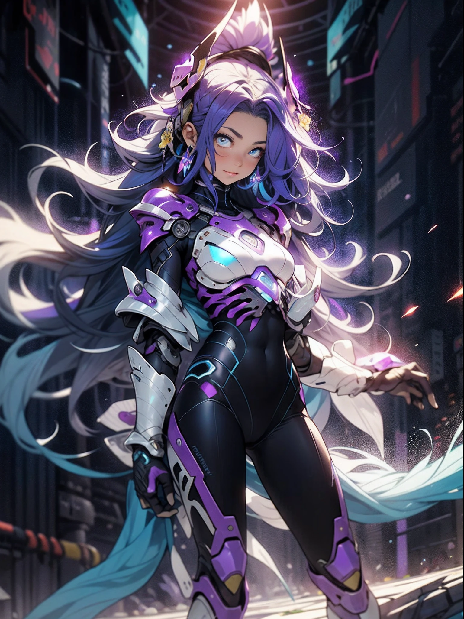 realisticlying,(tmasterpiece,top Quority,best qualtiy,offcial art,Beauty and aesthetics:1.2),The is very detailed,s fractal art,Colorful,Most detailed,zentangle,(abstract backgrounds:1.5)(1girll),Kamimei,eye glass,Purple colored hair,(long whitr hair),(Glowing blue eyes),Bigchest,Abs,mistic,(Enchanted),crystal,tightsuit,Raised sexy,Machine armor