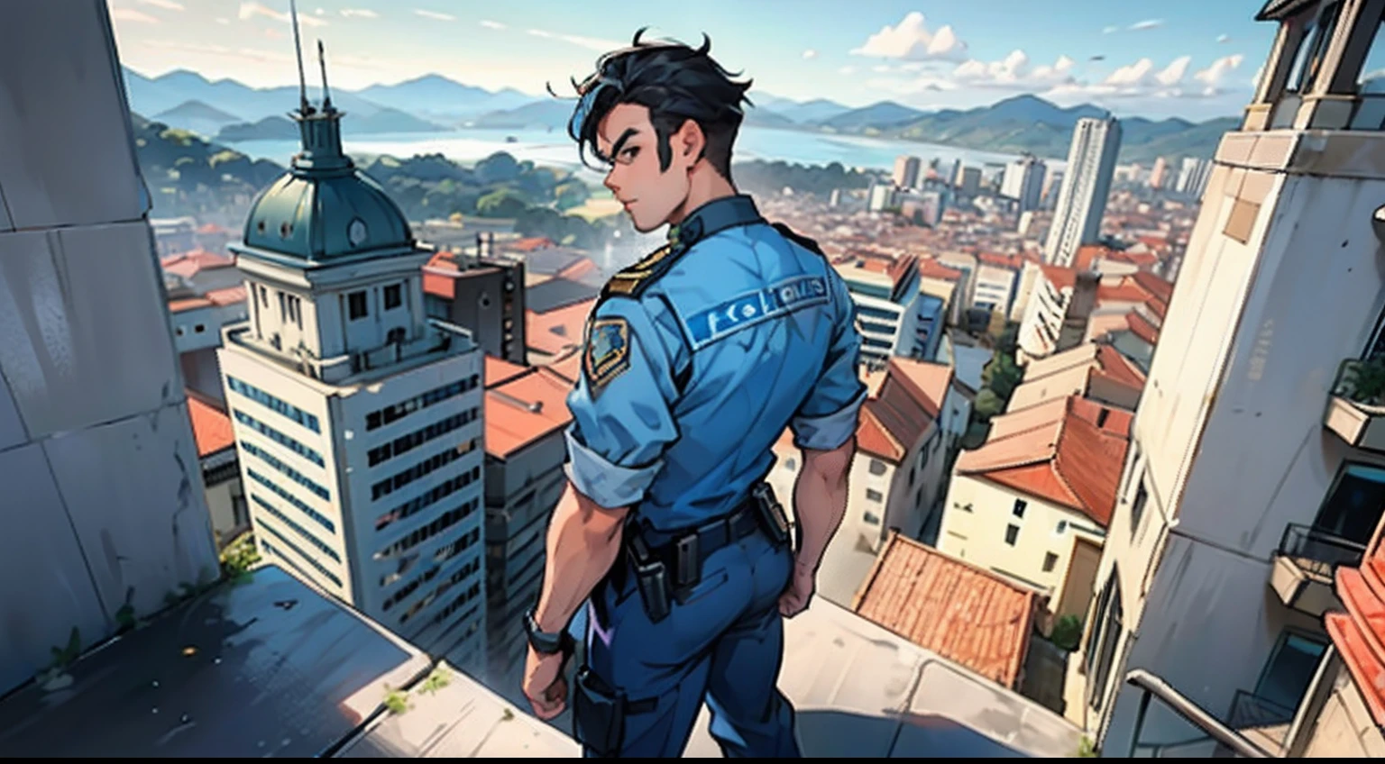 Um homem,police officer stands on top of a tall building,Vista noturna com vista para a cidade. guardian, boina, vista da cidade