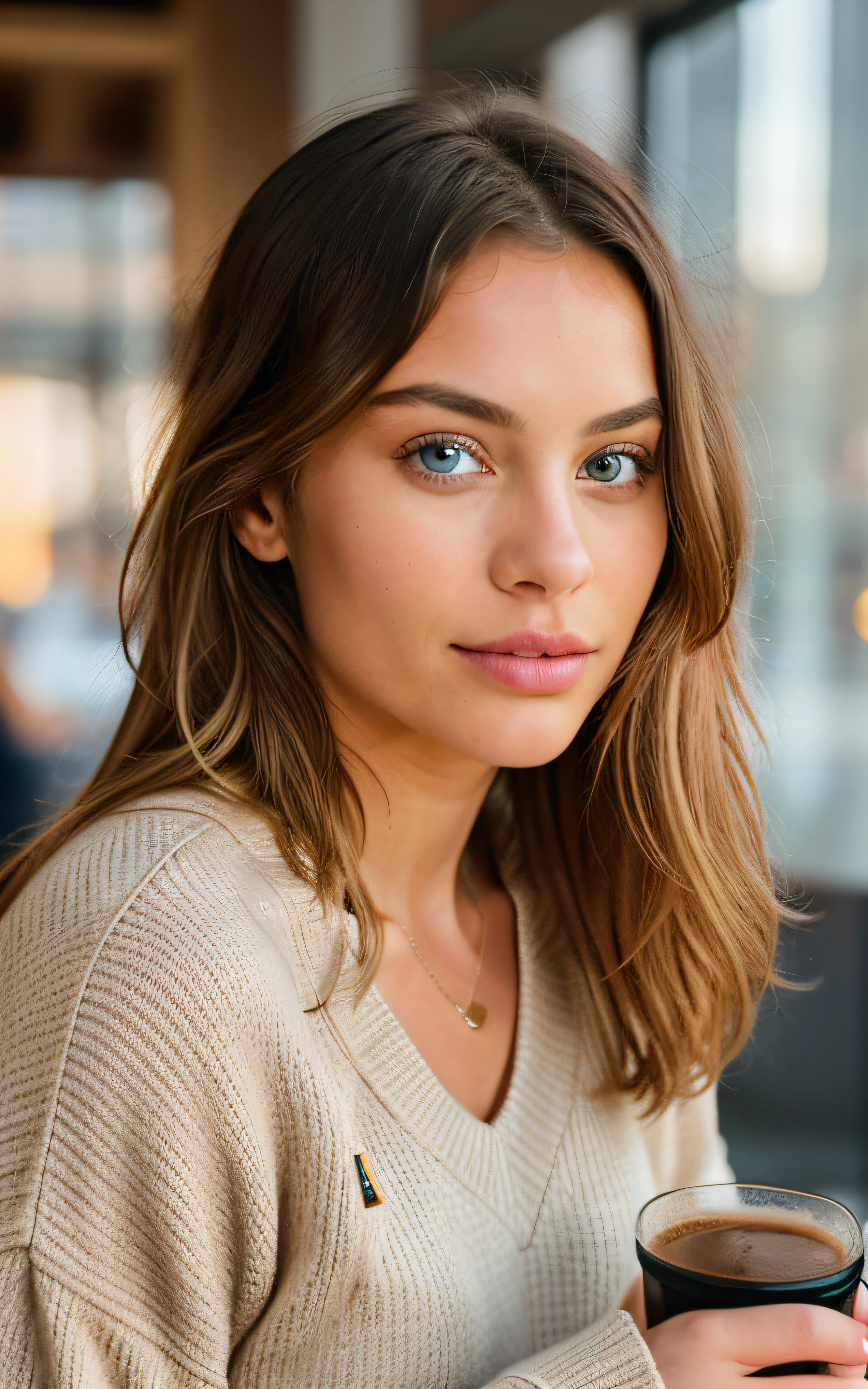 beautiful blonde wearing beige sweater (sipping coffee inside a modern café at sunset), very detailed, 21 years old, innocent face, natural wavy hair, blue eyes, high resolution, masterpiece, best quality, intricate details, highly detailed, sharp focus, detailed skin, realistic skin texture, texture, detailed eyes, professional, 4k, charming smile, shot on Canon, 85mm, shallow depth of field,  kodak vision color, perfect fit body, extremely detailed, foto_\(ultra\), photorealistic, realistic, post-processing, maximum detail, roughness, real life, ultra realistic, photorealism, photography, 8k uhd, photography